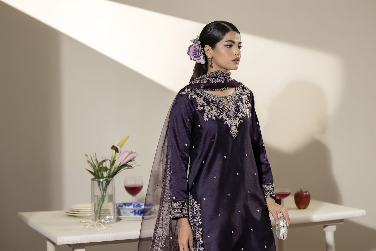 Aubergine Embroidered Silk Farshi Set with Sequin Detailing – Mehek by Mona MBM5