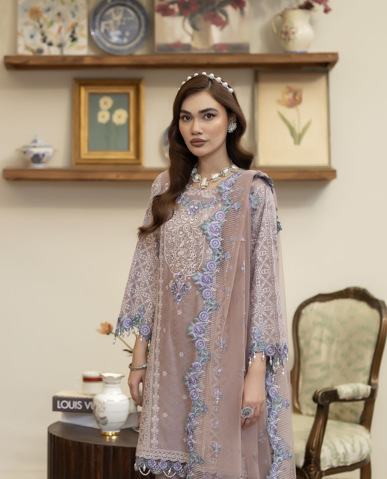 Embroidered Cotton Jacquard Suit with Panel Sharara Reet by Mona RBY4