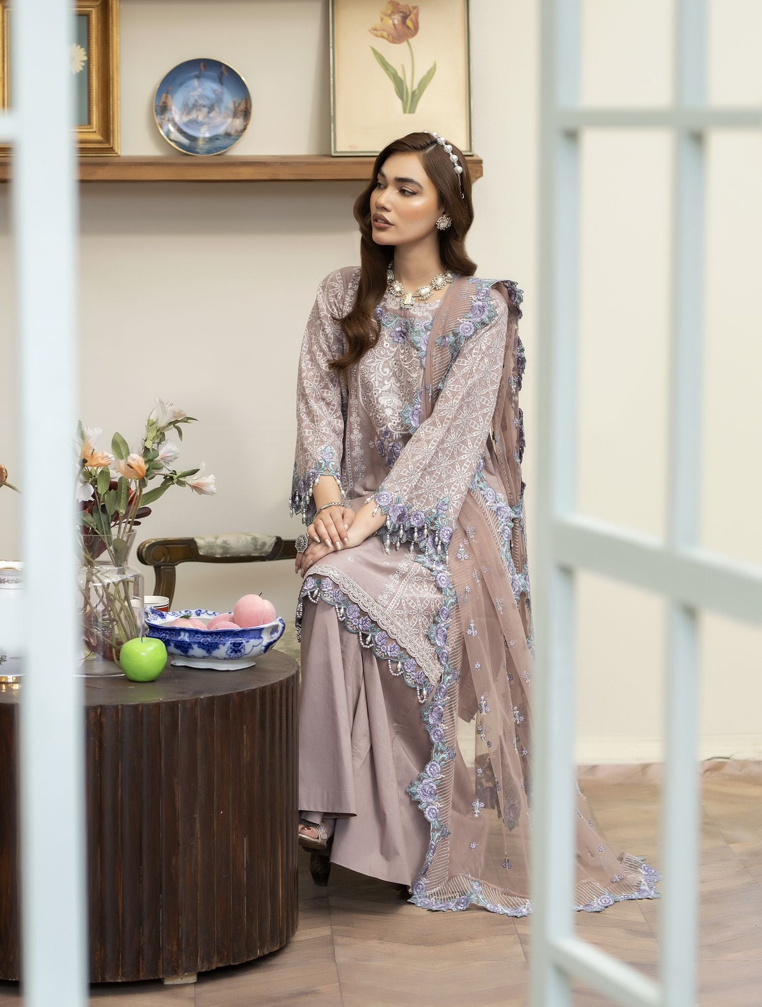 Embroidered Cotton Jacquard Suit with Panel Sharara Reet by Mona RBY4