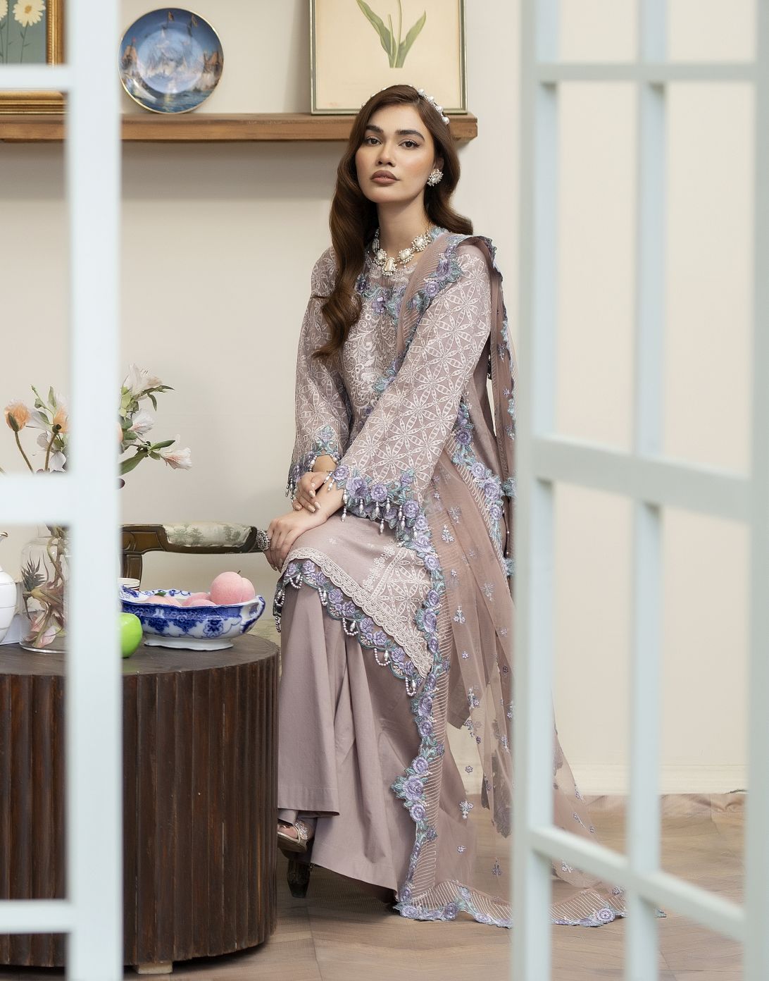 Embroidered Cotton Jacquard Suit with Panel Sharara Reet by Mona RBY4