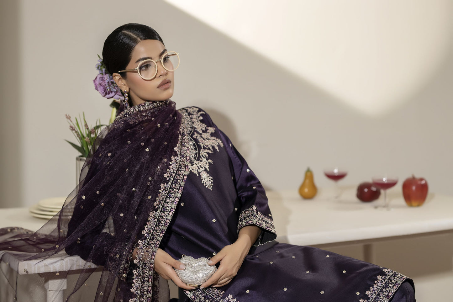 Aubergine Embroidered Silk Farshi Set with Sequin Detailing – Mehek by Mona MBM5