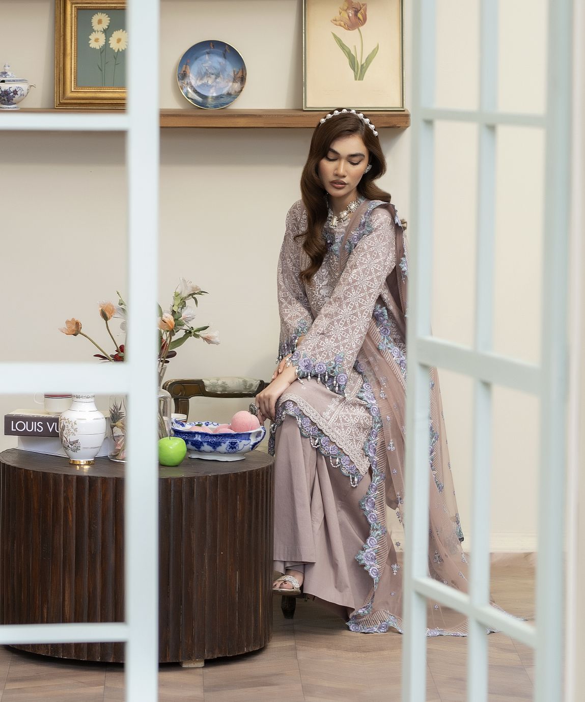 Embroidered Cotton Jacquard Suit with Panel Sharara Reet by Mona RBY4