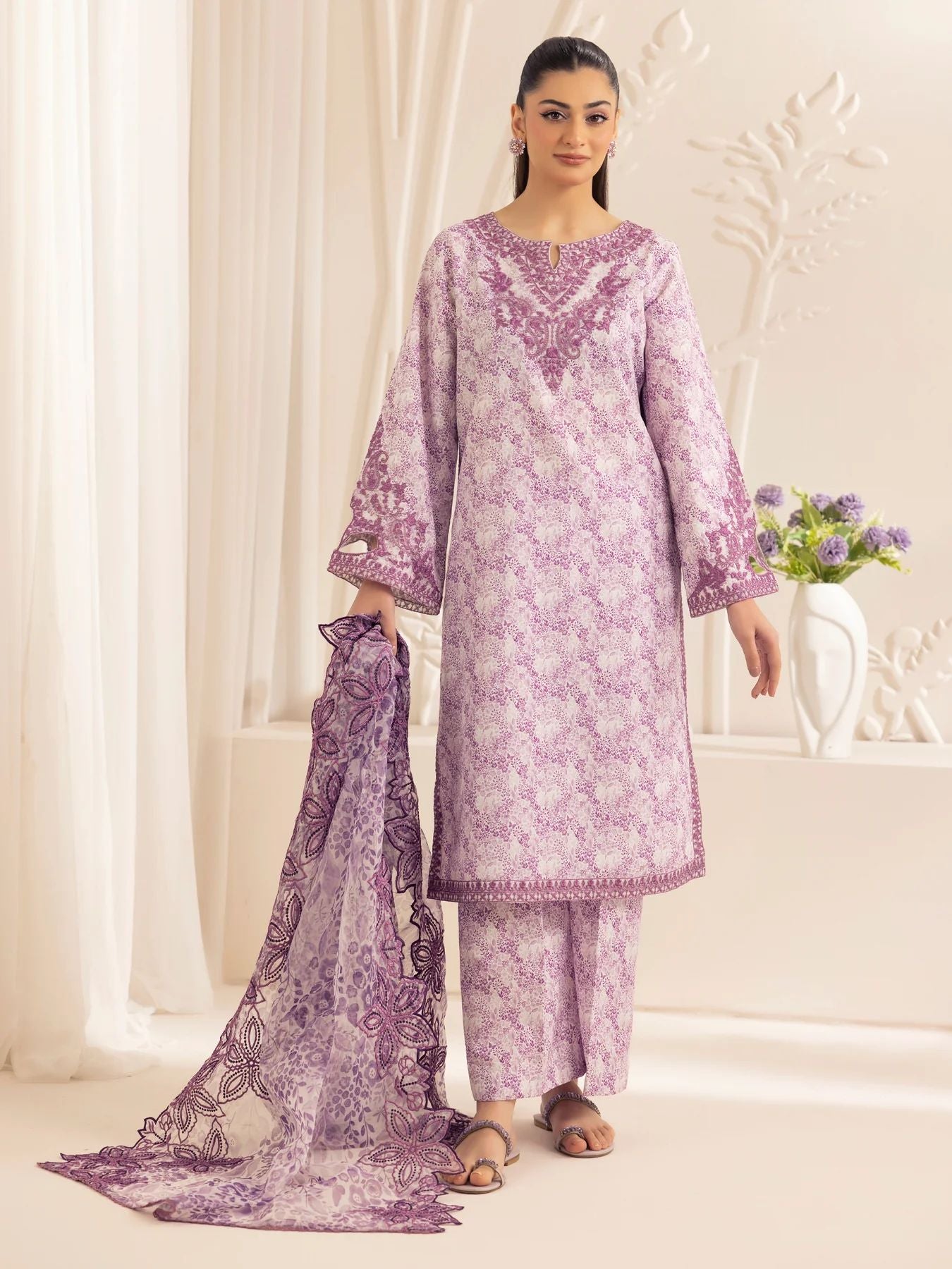 Muse01 - Lavender Elegance | 3pc Silk Lawn Printed & Embroidered Suit by Mohagni