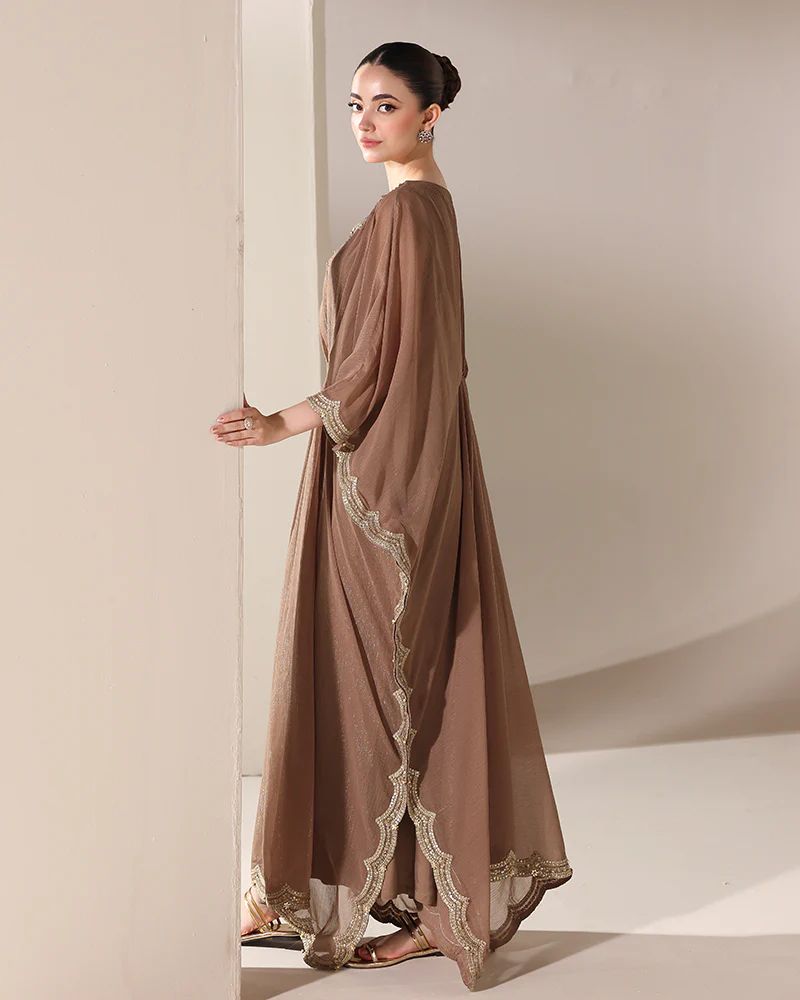 Starstruck by Ain – Mocha Zari Chiffon Embroidered Cape with Crystals SBA6