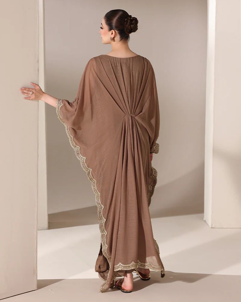 Starstruck by Ain – Mocha Zari Chiffon Embroidered Cape with Crystals SBA6