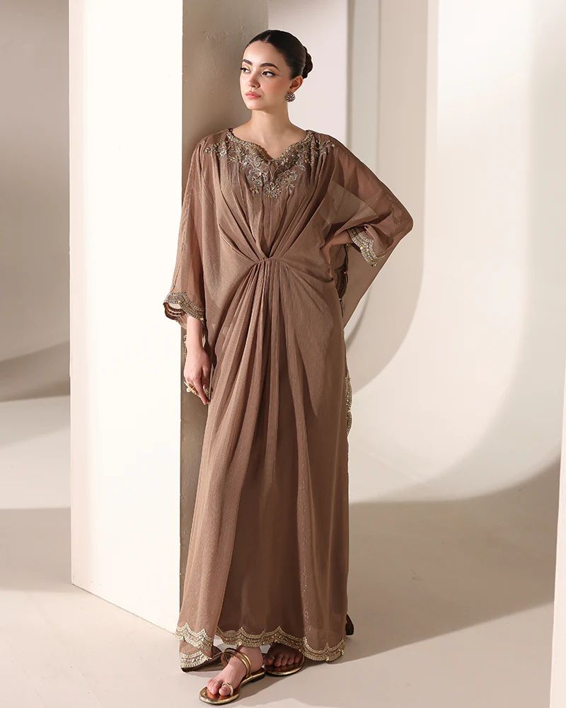 Starstruck by Ain – Mocha Zari Chiffon Embroidered Cape with Crystals SBA6