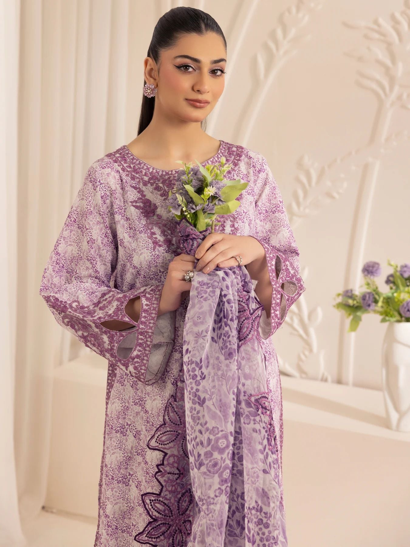 Muse01 - Lavender Elegance | 3pc Silk Lawn Printed & Embroidered Suit by Mohagni