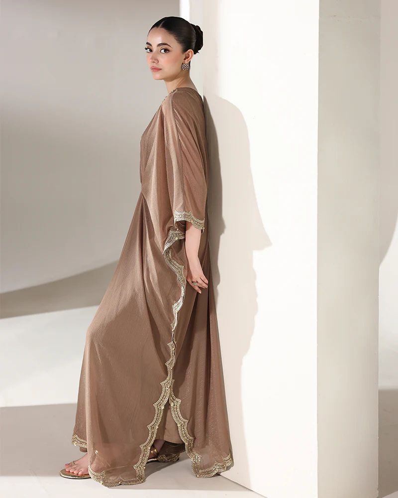 Starstruck by Ain – Mocha Zari Chiffon Embroidered Cape with Crystals SBA6