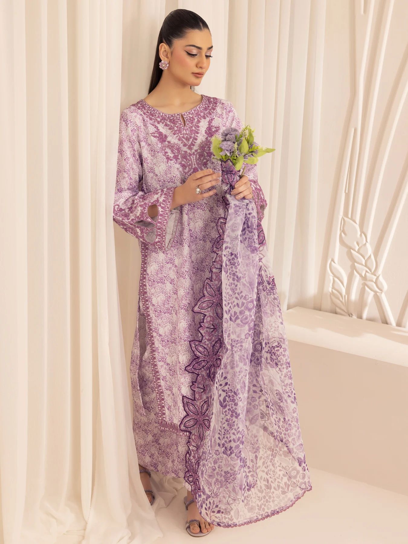 Muse01 - Lavender Elegance | 3pc Silk Lawn Printed & Embroidered Suit by Mohagni