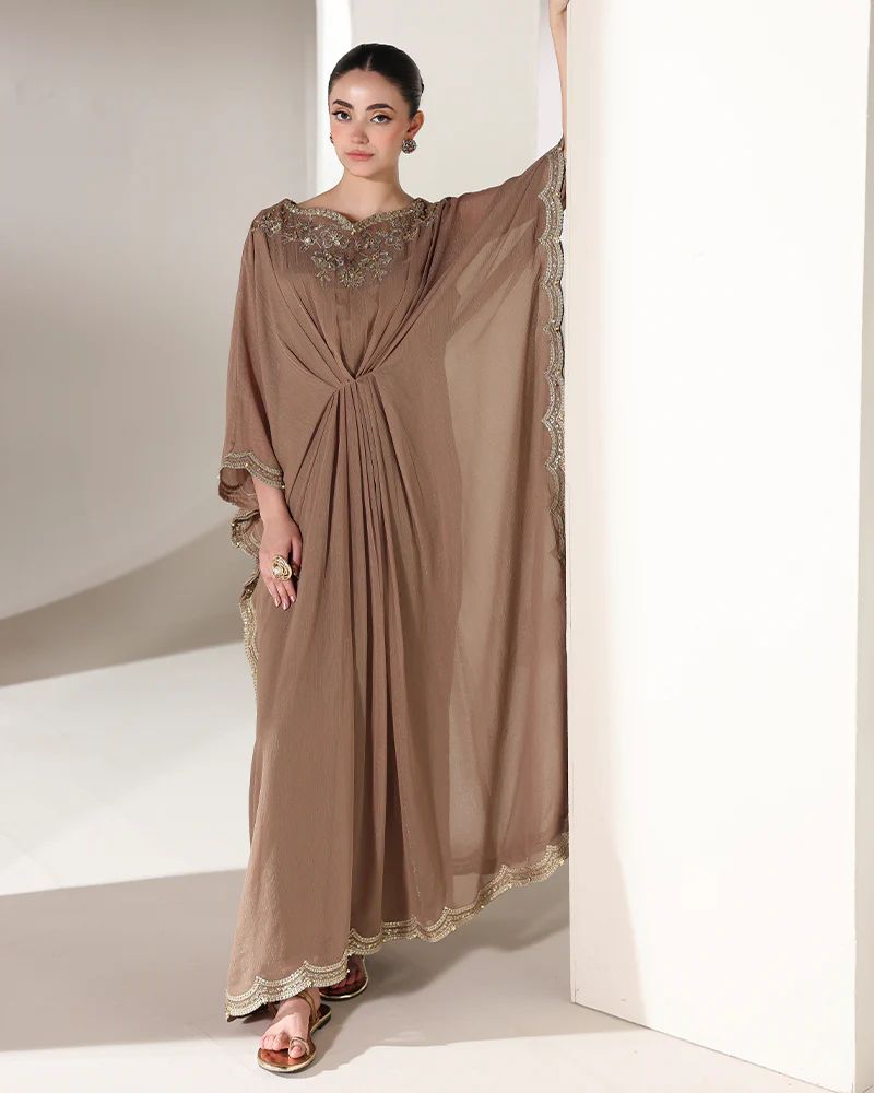 Starstruck by Ain – Mocha Zari Chiffon Embroidered Cape with Crystals SBA6