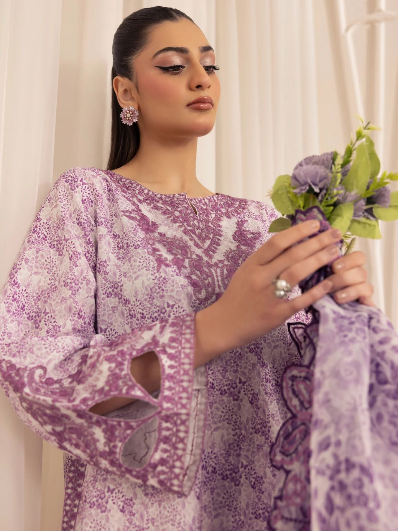 Muse01 - Lavender Elegance | 3pc Silk Lawn Printed & Embroidered Suit by Mohagni