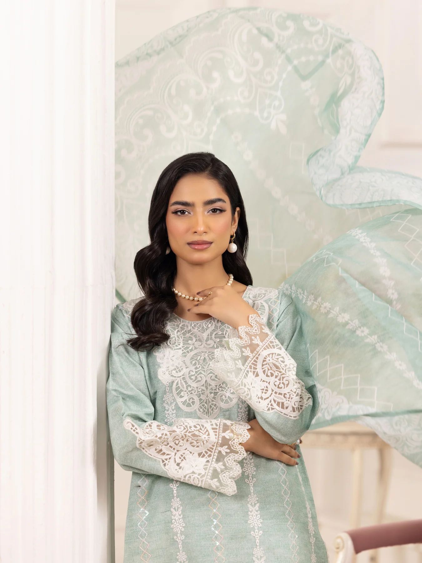 Muse10 – Mint Elegance | 3pc Printed Silk Lawn Suit with Embroidered Patch & Monar Dupatta by Mohagni