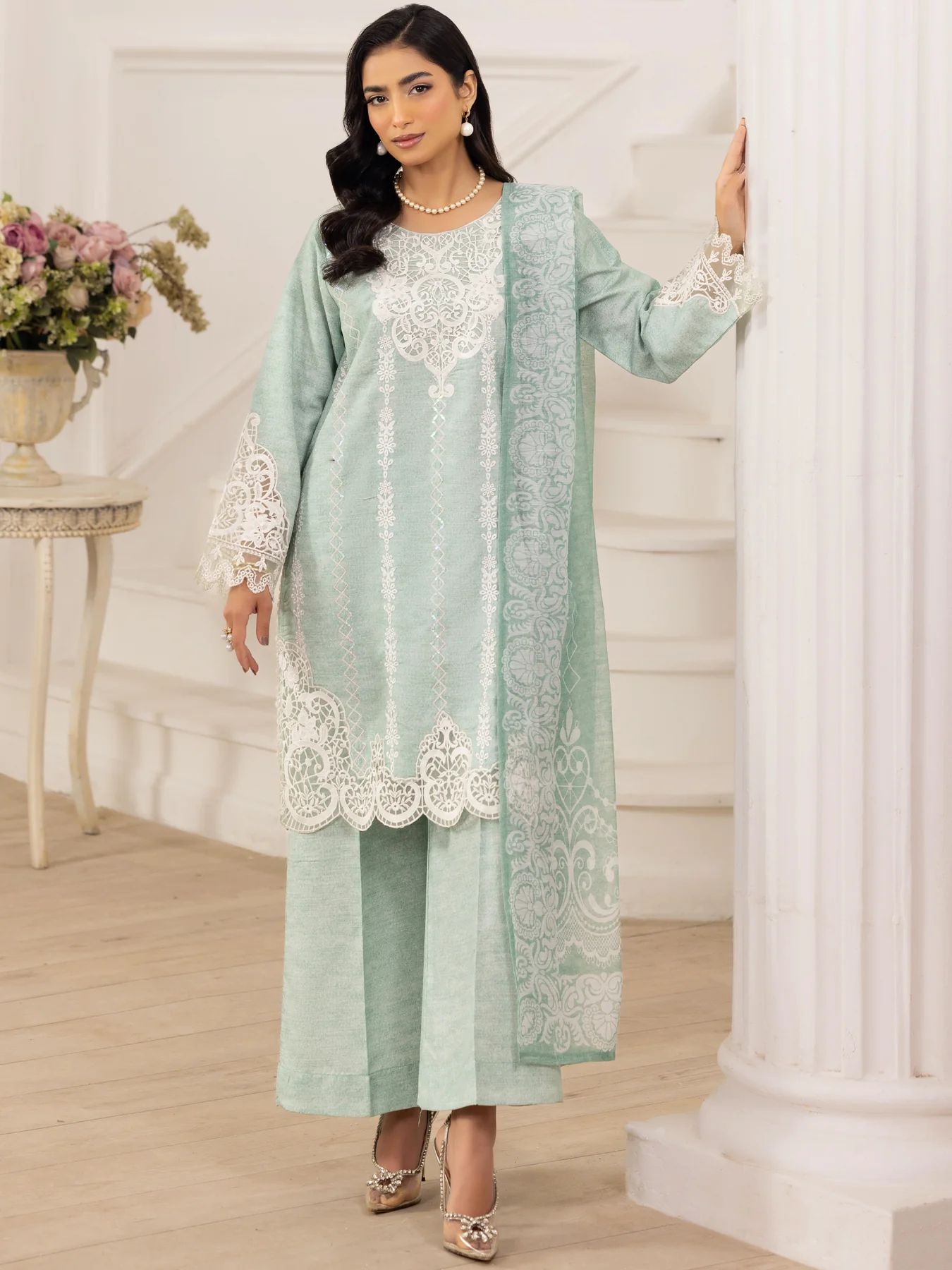 Muse10 – Mint Elegance | 3pc Printed Silk Lawn Suit with Embroidered Patch & Monar Dupatta by Mohagni