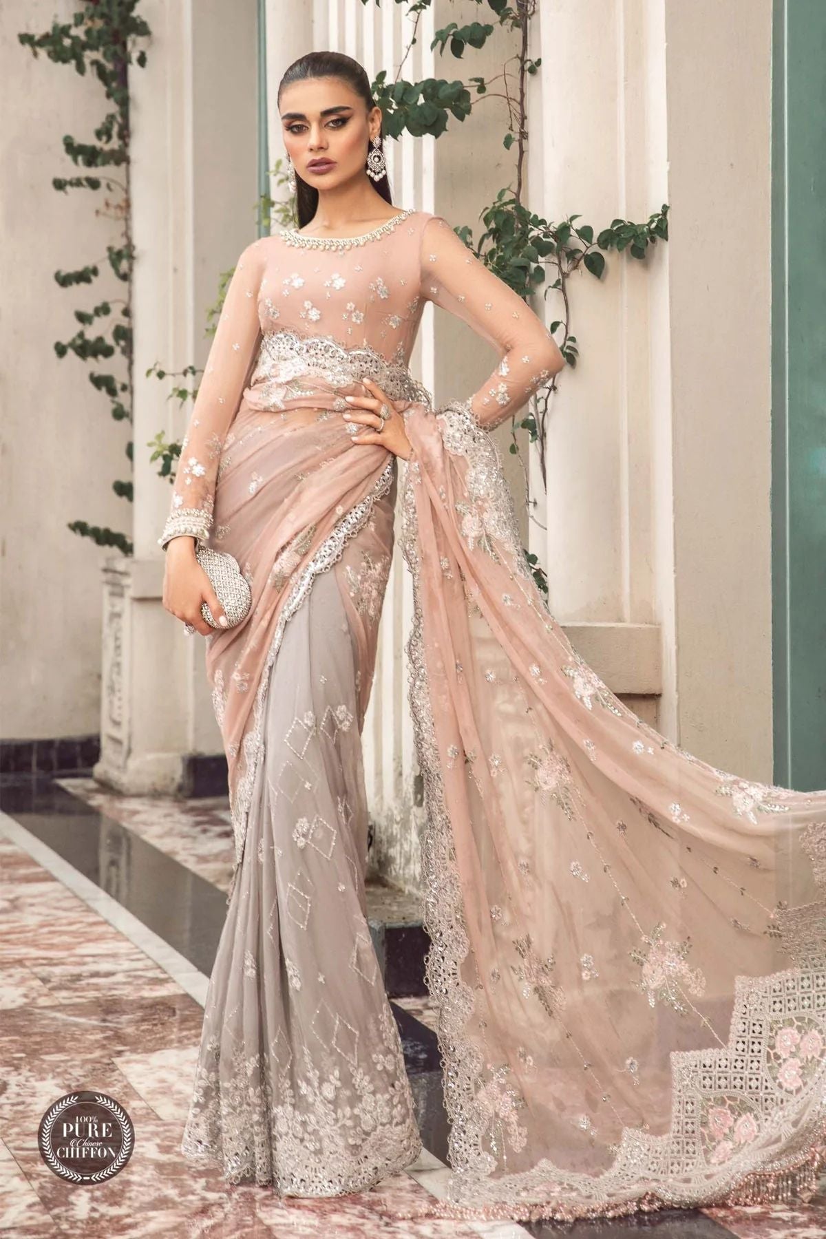 Maria B Ready to Wear Chiffon Peach And Grey 105