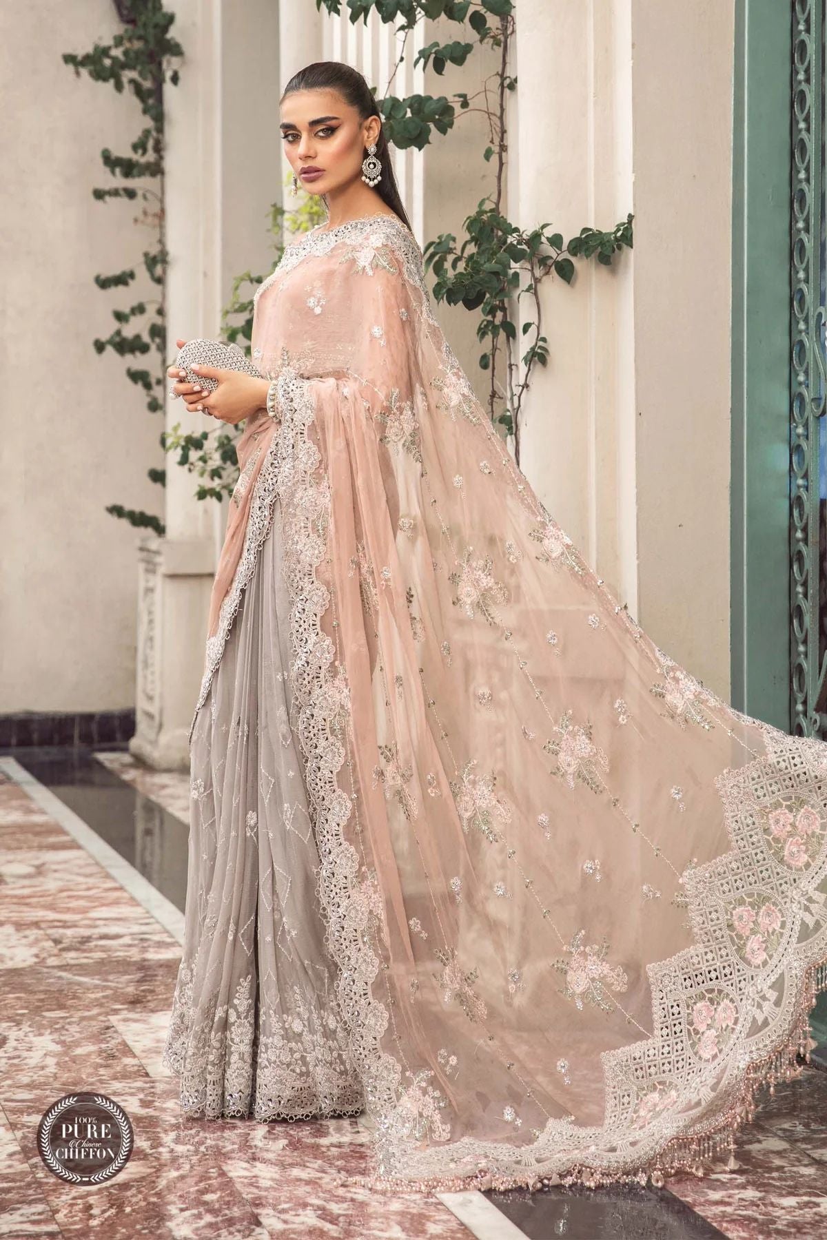 Maria B Ready to Wear Chiffon Peach And Grey 105