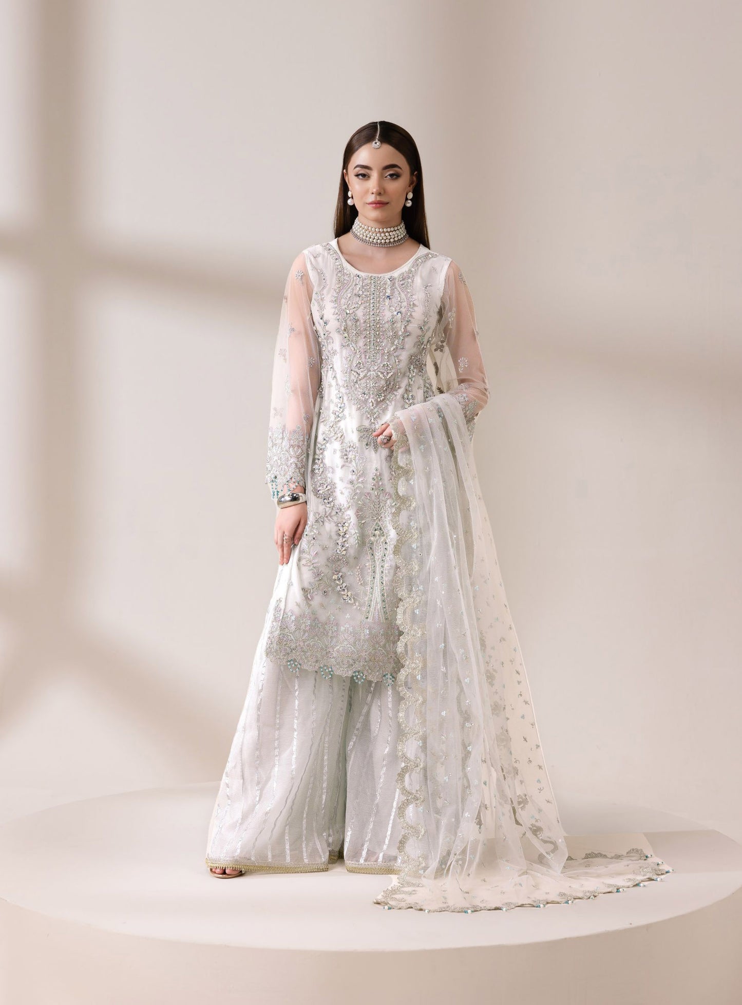 Ivory Embellished Net Shirt with Shararah & Dupatta | Rasm by Mona – MKR2