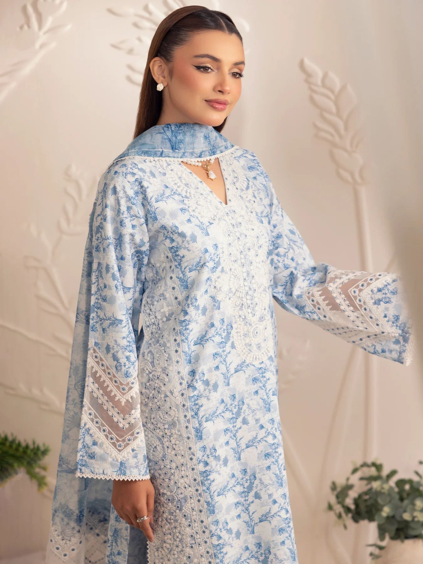 Muse02 - Blue Serenity | 3pc Printed Silk Lawn & Embroidered Organza Suit by Mohagni