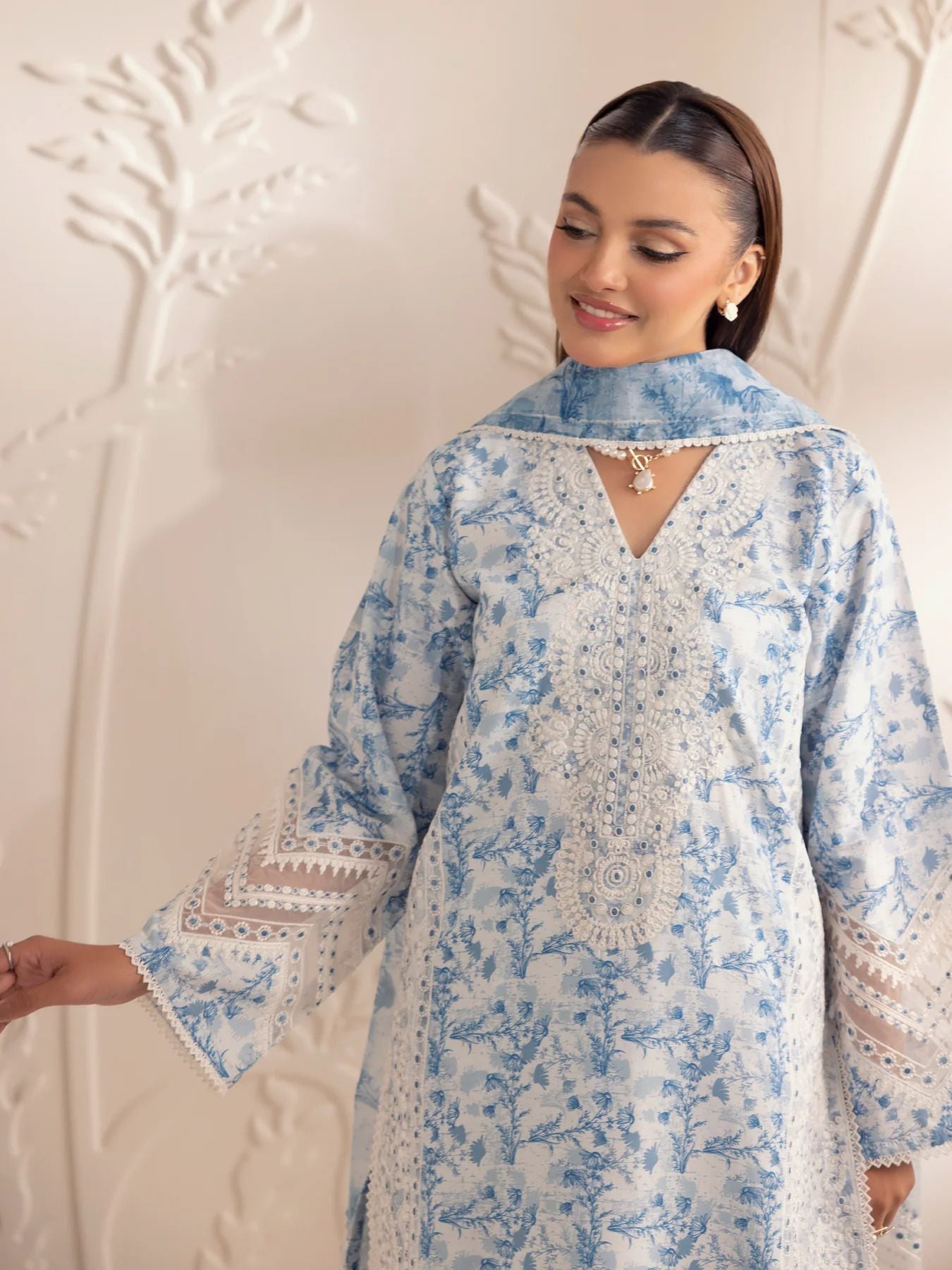 Muse02 - Blue Serenity | 3pc Printed Silk Lawn & Embroidered Organza Suit by Mohagni