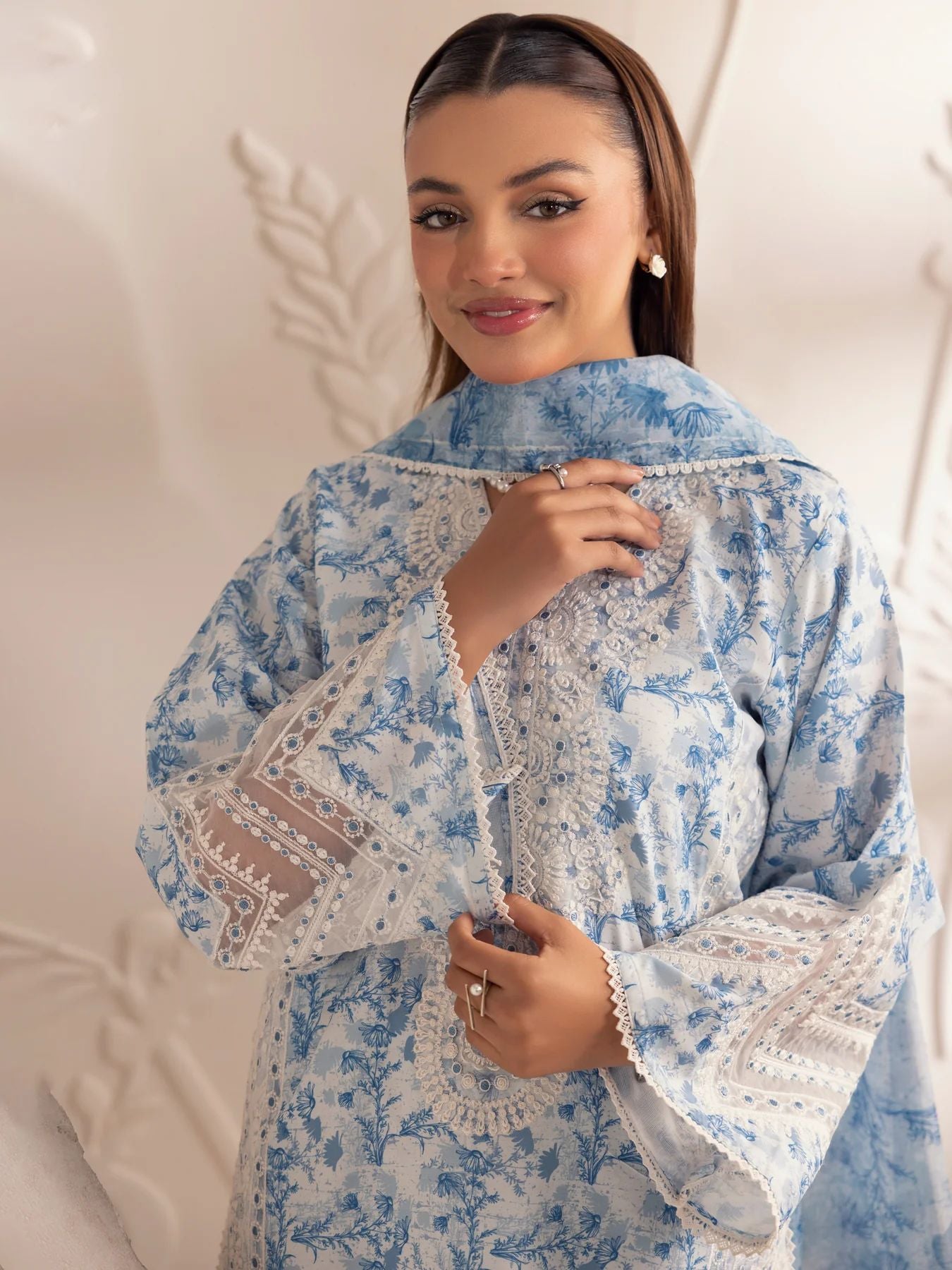 Muse02 - Blue Serenity | 3pc Printed Silk Lawn & Embroidered Organza Suit by Mohagni