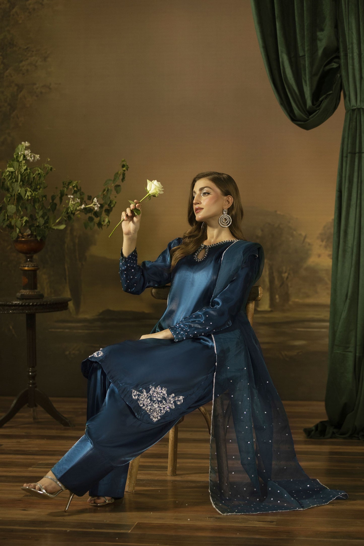 Midnight Blue Silk Farshi Shalwar Pakistani Dress - Farshi Bahaar by Mona FBM7