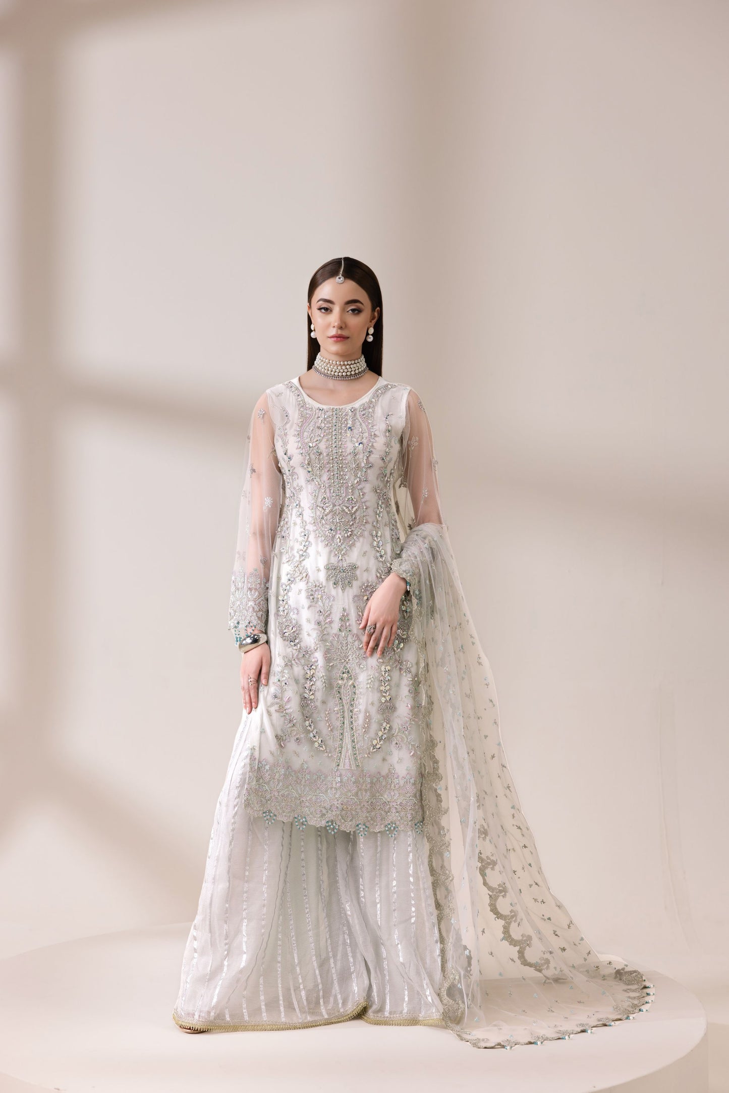 Ivory Embellished Net Shirt with Shararah & Dupatta | Rasm by Mona – MKR2