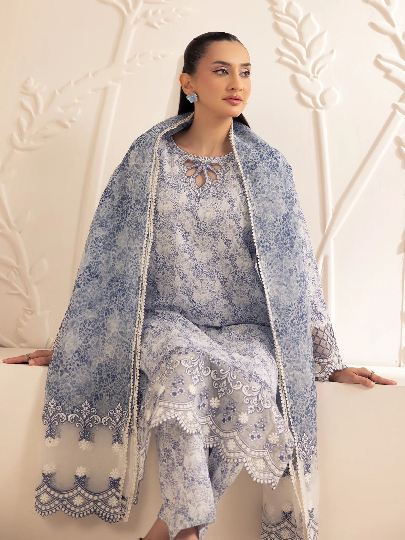 Muse03 – Misty Grace | 3pc Embroidered Silk Lawn Suit with Organza Dupatta by Mohagni
