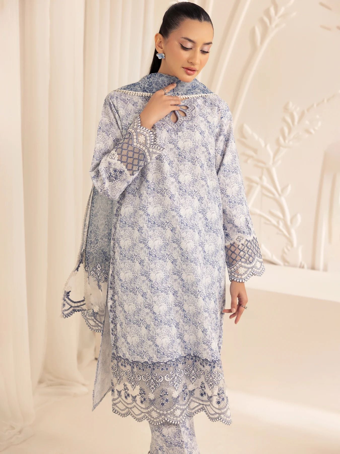 Muse03 – Misty Grace | 3pc Embroidered Silk Lawn Suit with Organza Dupatta by Mohagni