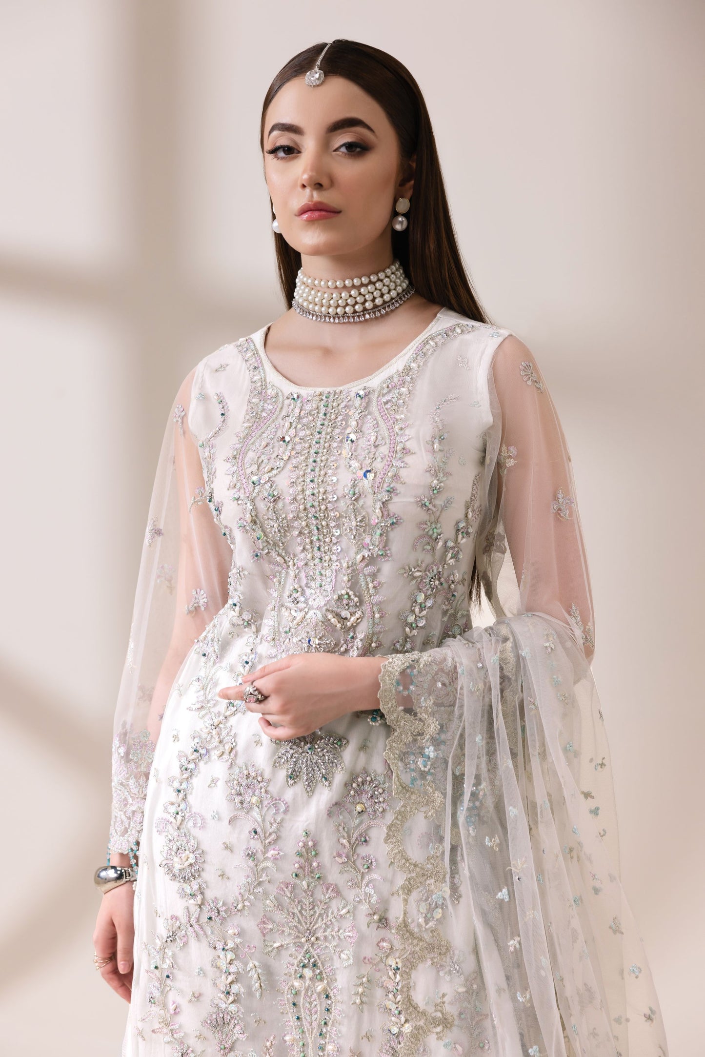 Ivory Embellished Net Shirt with Shararah & Dupatta | Rasm by Mona – MKR2