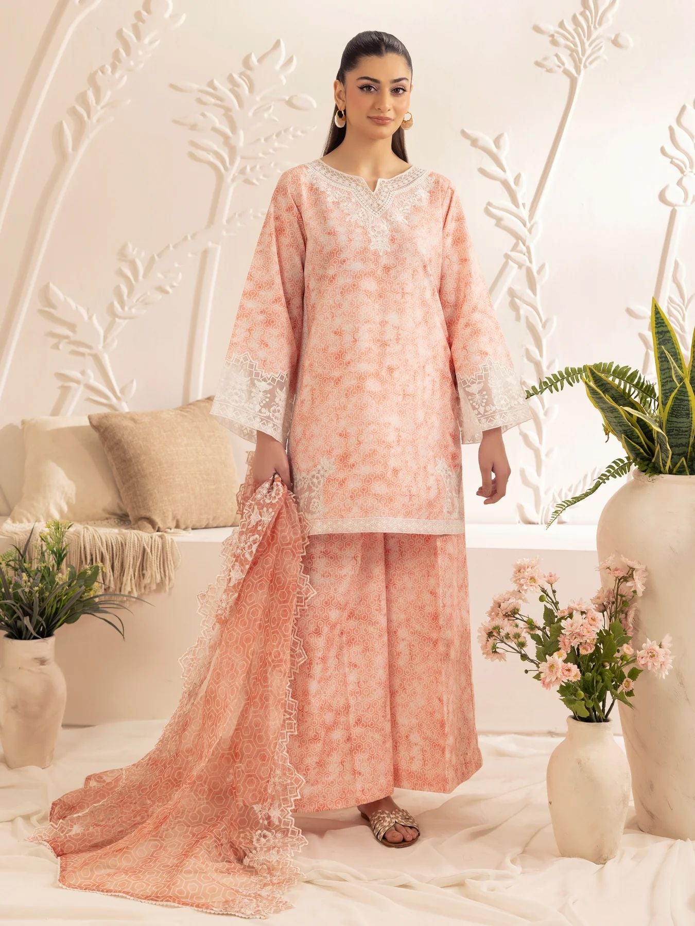 Muse04 – Peach Bloom | 3pc Silk Lawn Printed & Embroidered Suit with Organza Dupatta by Mohagni