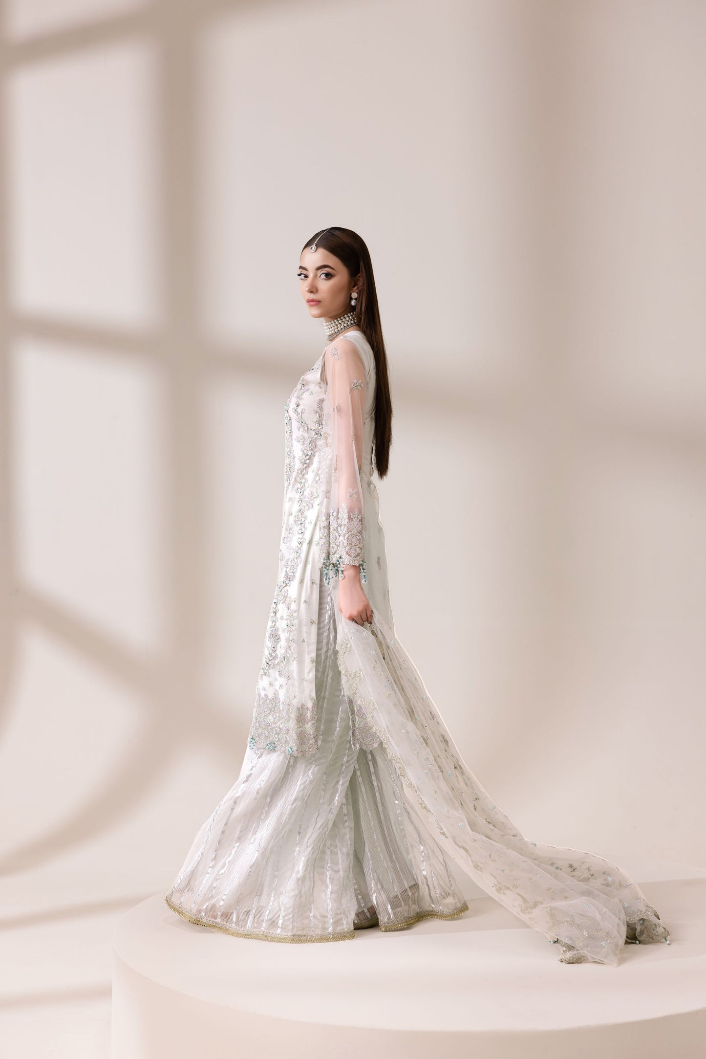 Ivory Embellished Net Shirt with Shararah & Dupatta | Rasm by Mona – MKR2