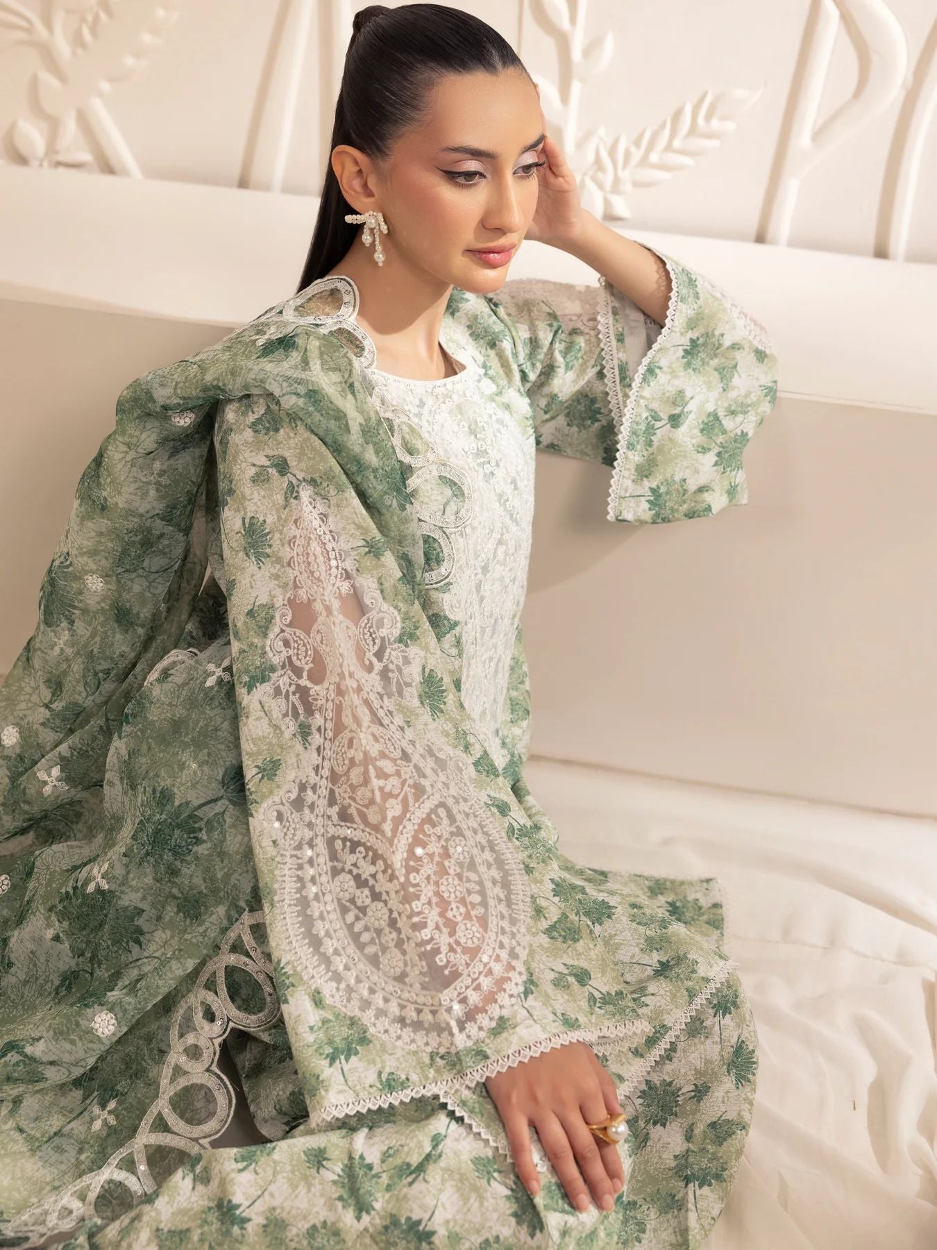 Muse05 – Olive Dream | 3pc Printed Silk Lawn Suit with Embroidered Organza Dupatta by Mohagni