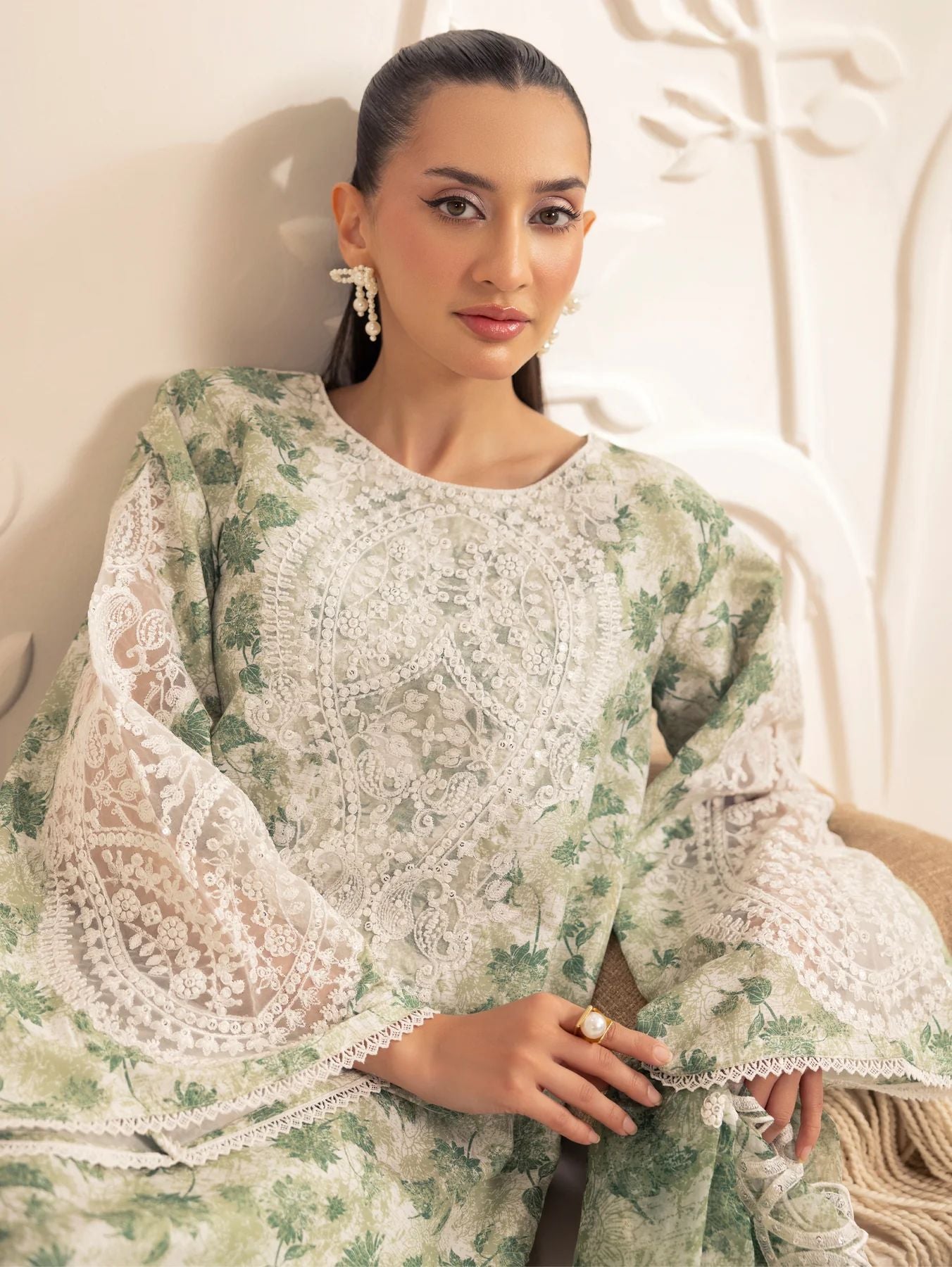 Muse05 – Olive Dream | 3pc Printed Silk Lawn Suit with Embroidered Organza Dupatta by Mohagni