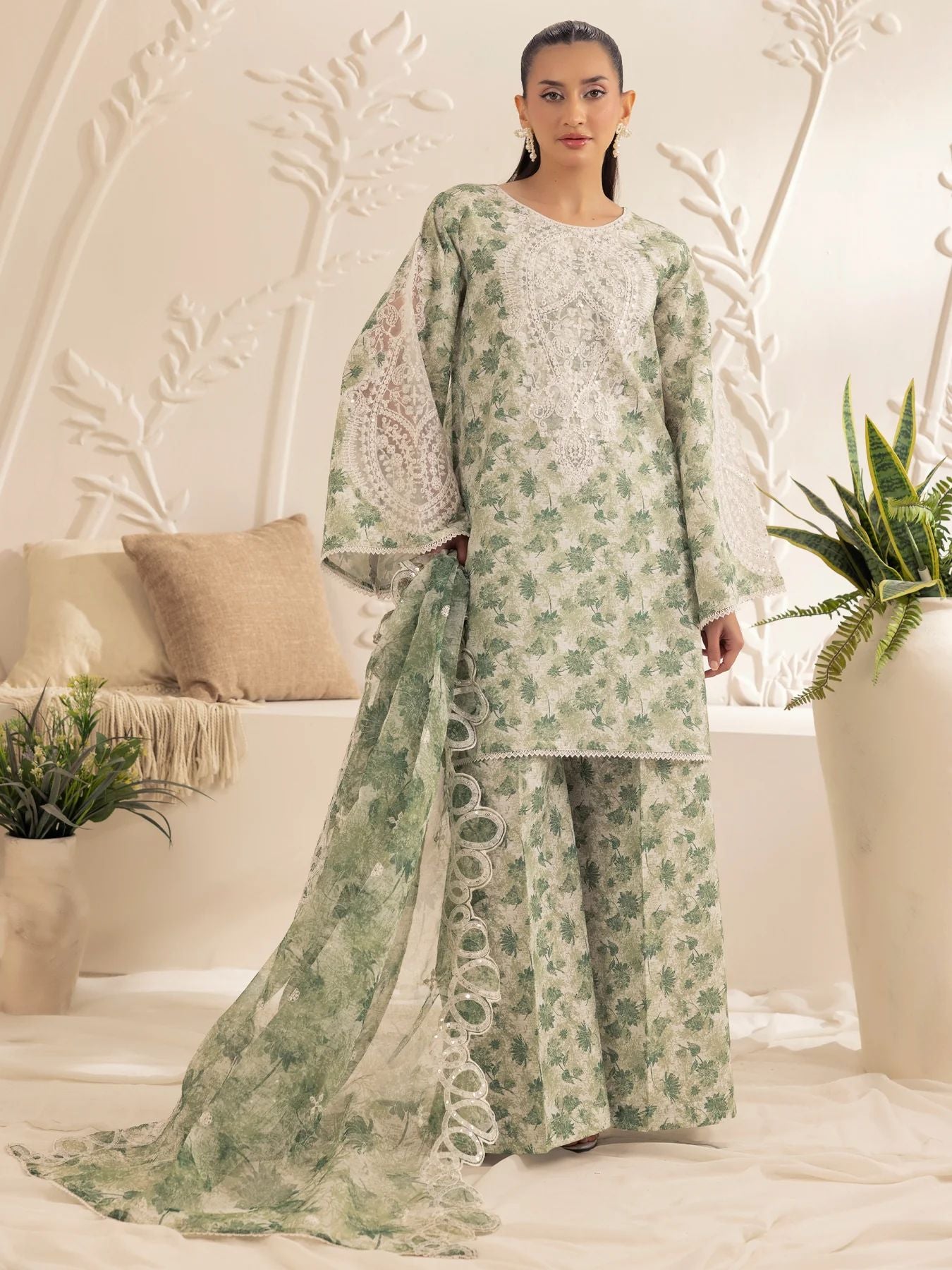 Muse05 – Olive Dream | 3pc Printed Silk Lawn Suit with Embroidered Organza Dupatta by Mohagni
