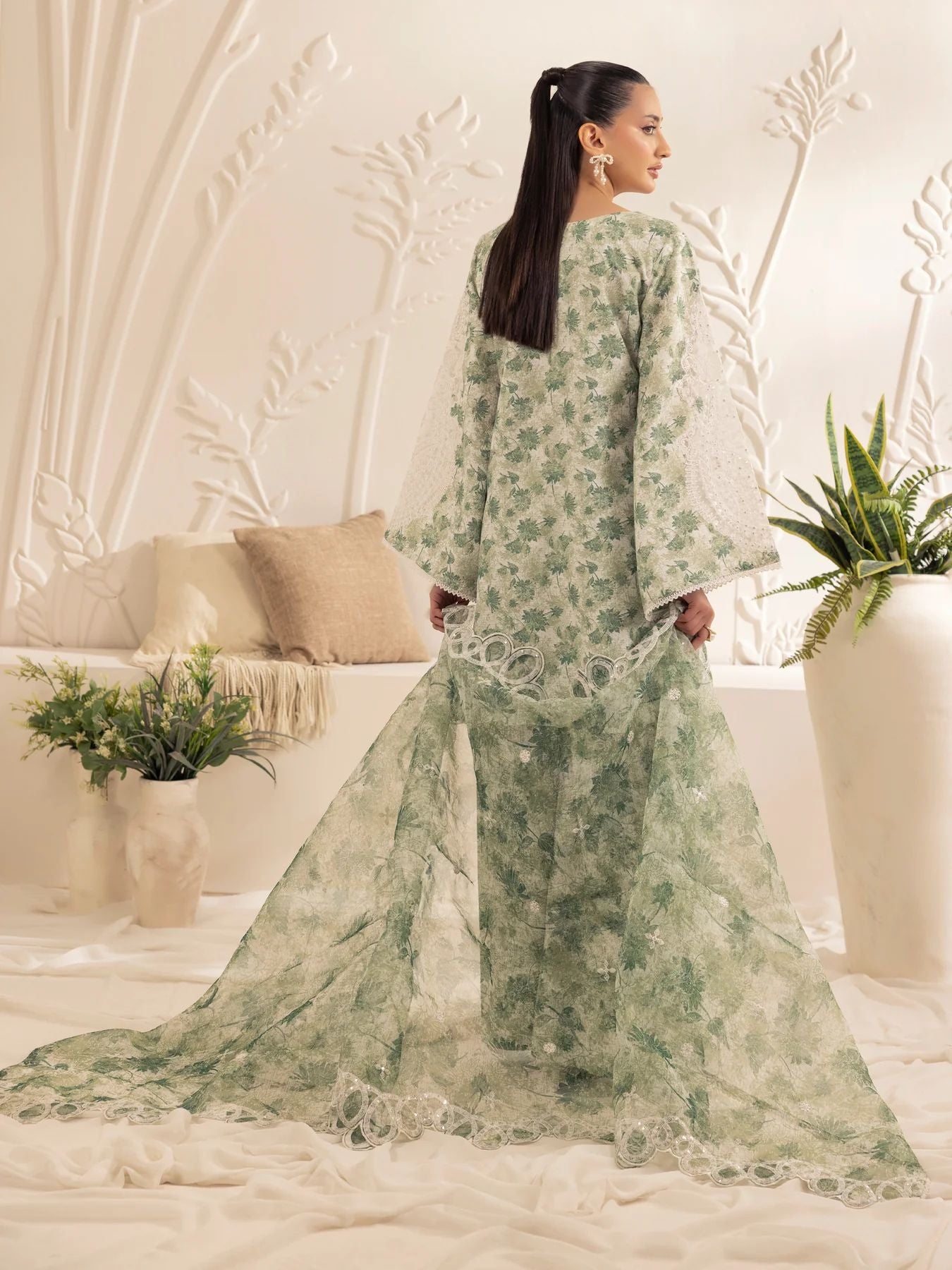 Muse05 – Olive Dream | 3pc Printed Silk Lawn Suit with Embroidered Organza Dupatta by Mohagni
