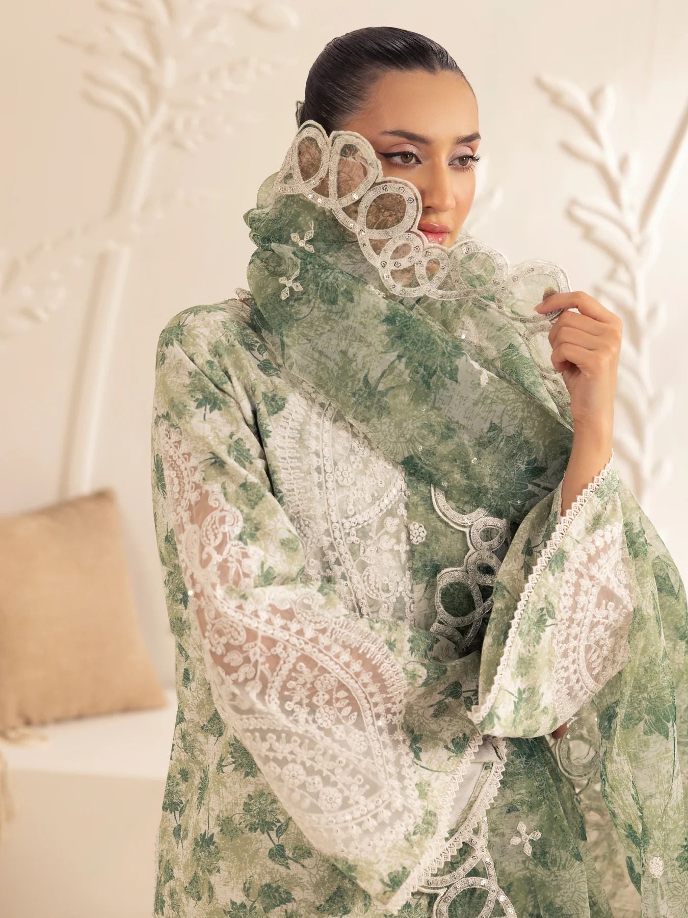 Muse05 – Olive Dream | 3pc Printed Silk Lawn Suit with Embroidered Organza Dupatta by Mohagni