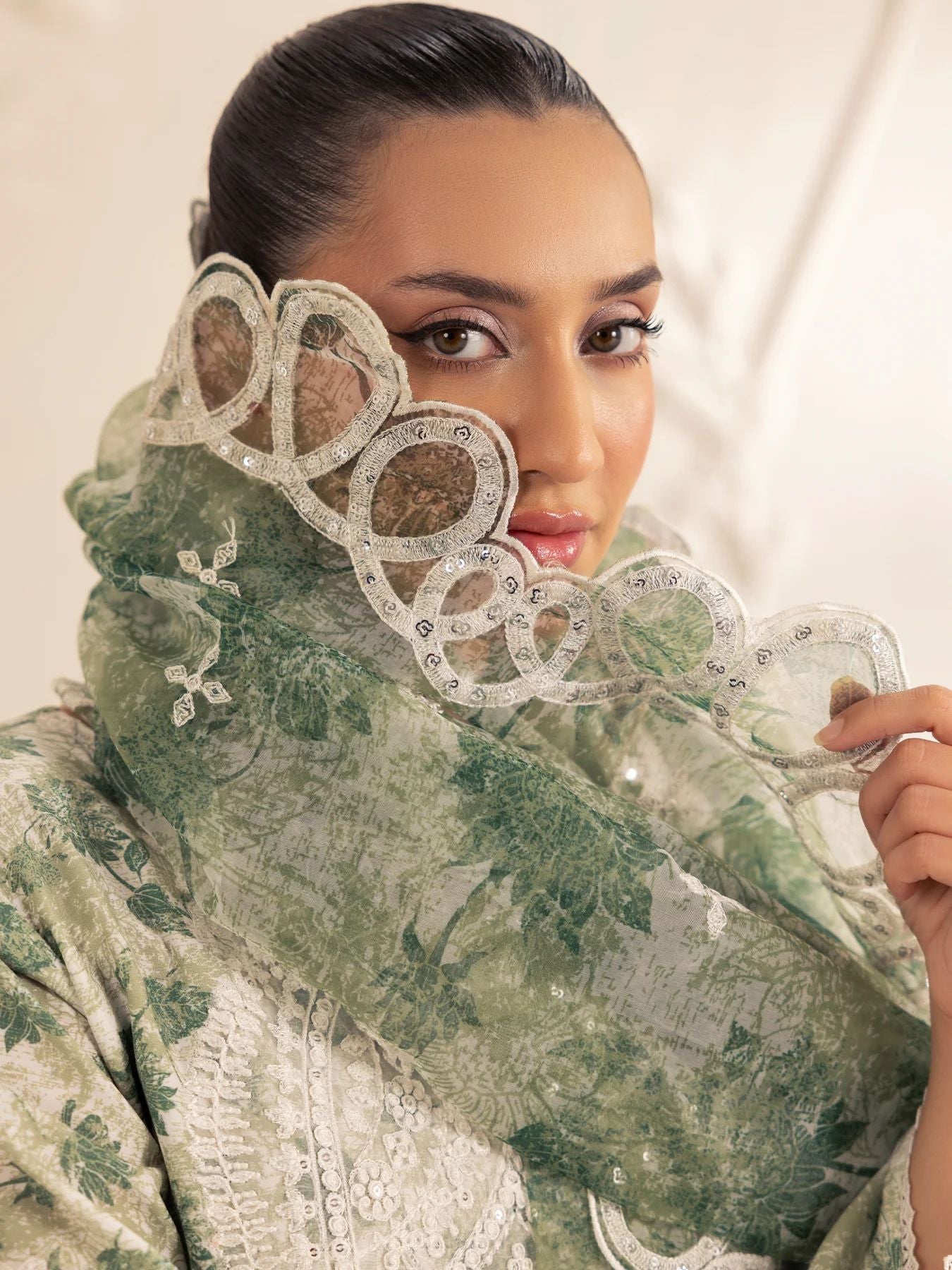 Muse05 – Olive Dream | 3pc Printed Silk Lawn Suit with Embroidered Organza Dupatta by Mohagni