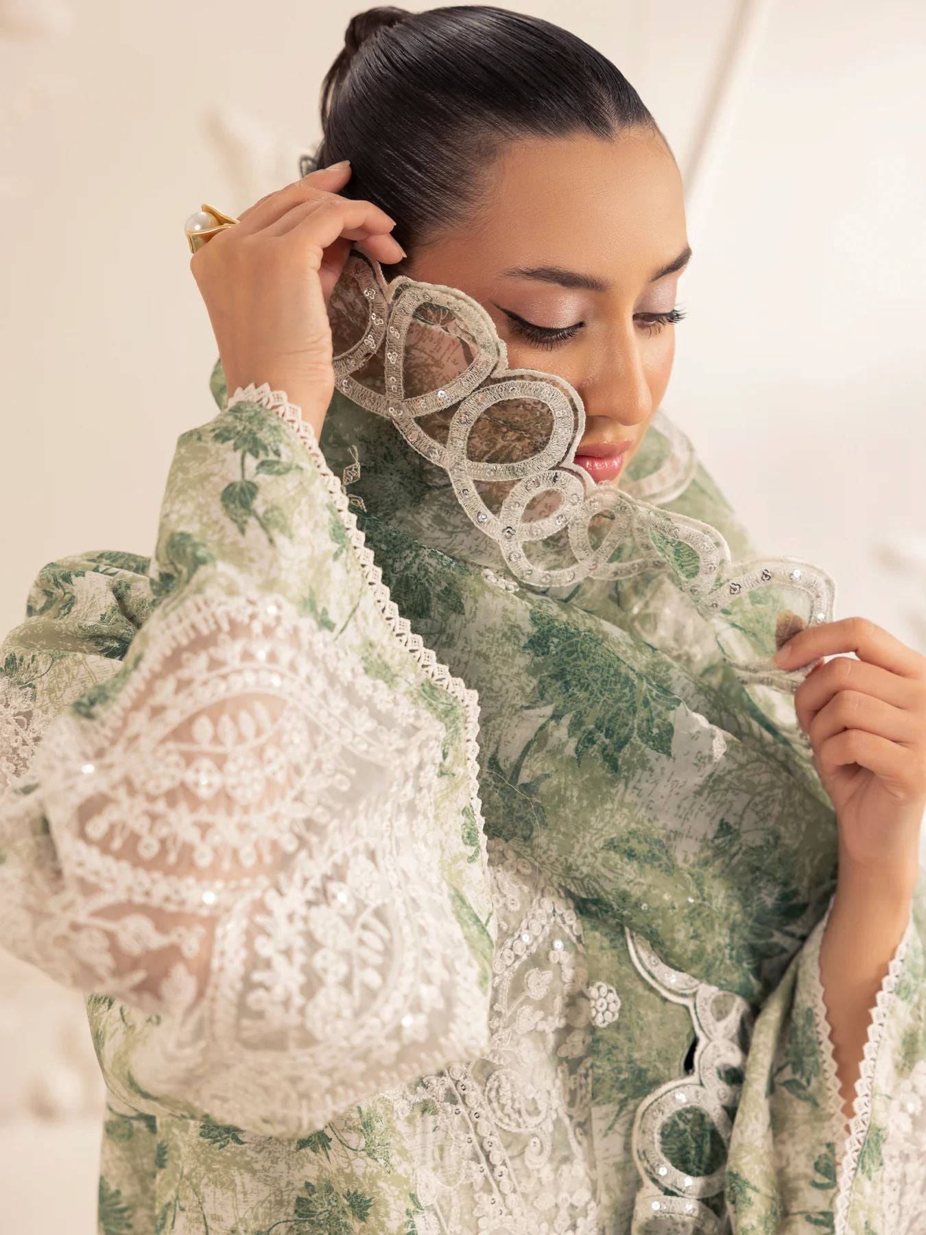 Muse05 – Olive Dream | 3pc Printed Silk Lawn Suit with Embroidered Organza Dupatta by Mohagni