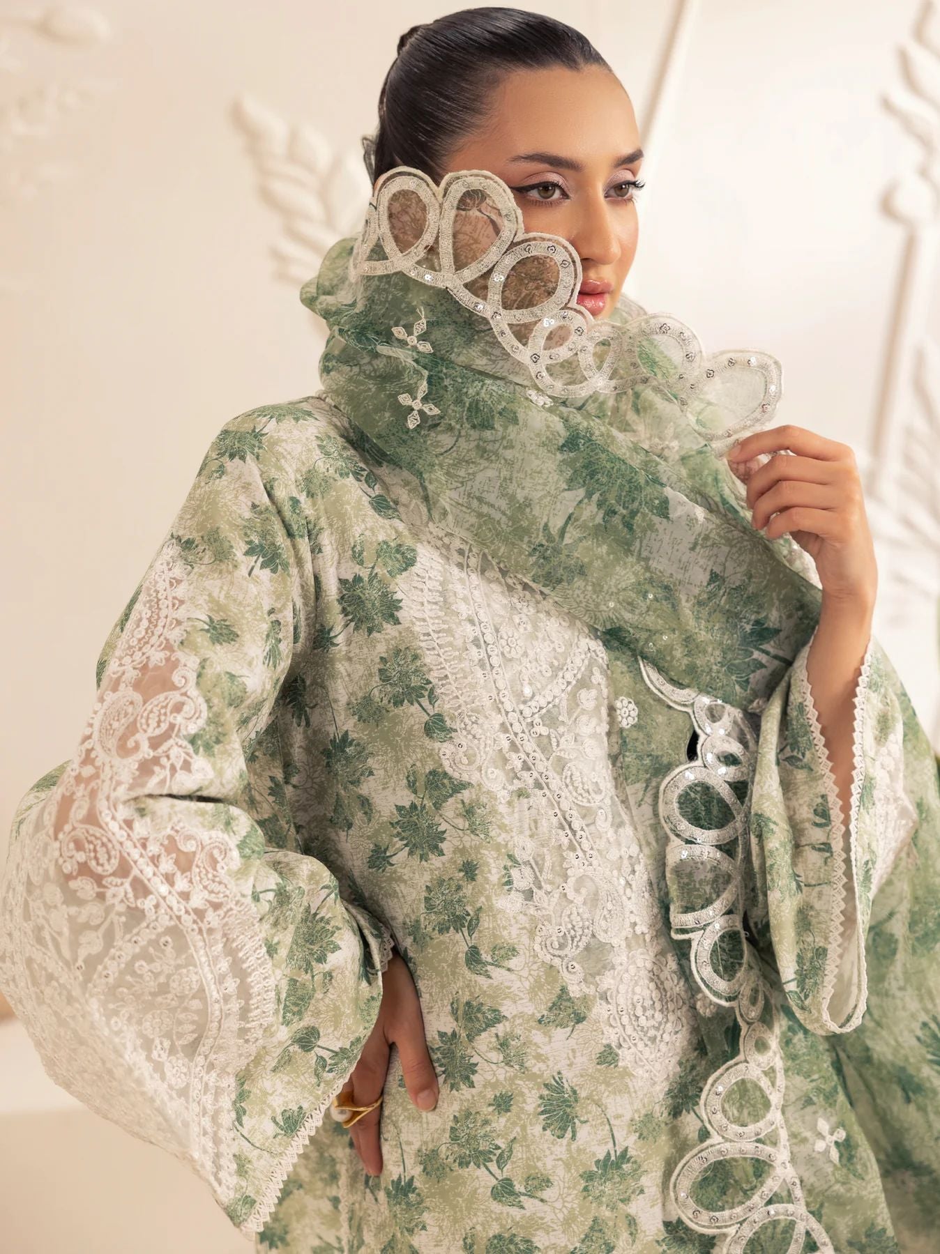 Muse05 – Olive Dream | 3pc Printed Silk Lawn Suit with Embroidered Organza Dupatta by Mohagni