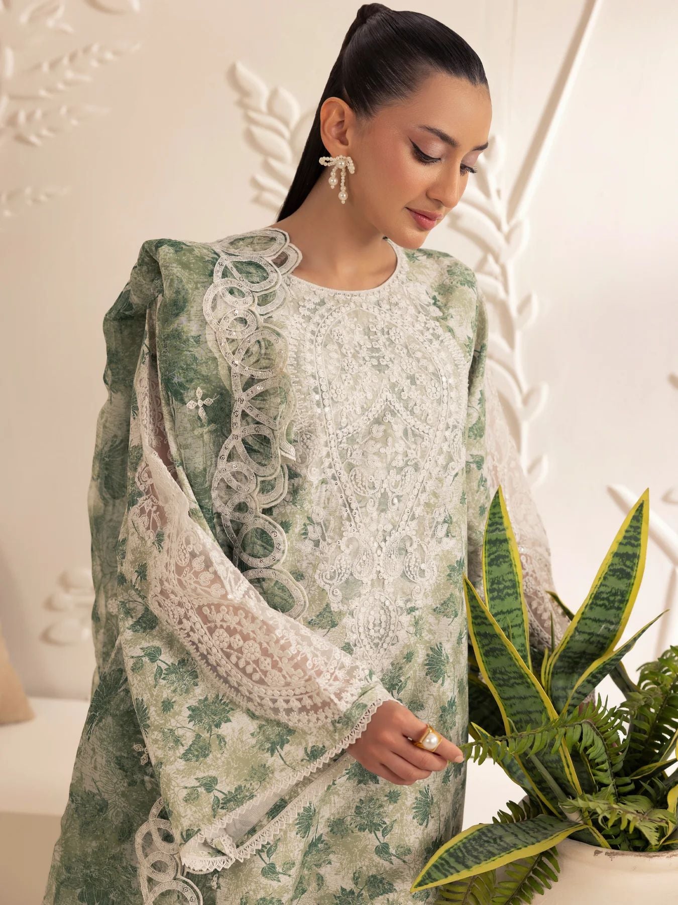 Muse05 – Olive Dream | 3pc Printed Silk Lawn Suit with Embroidered Organza Dupatta by Mohagni