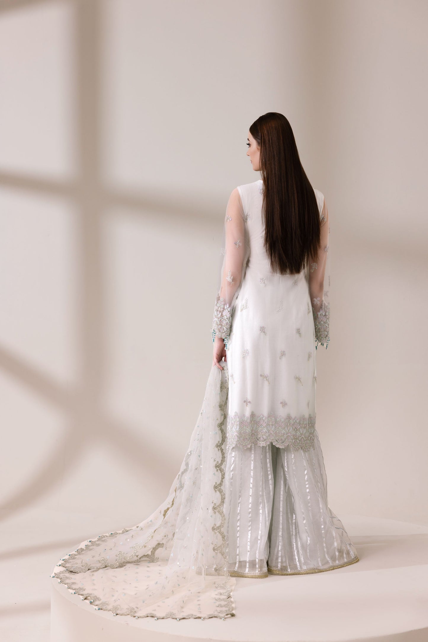 Ivory Embellished Net Shirt with Shararah & Dupatta | Rasm by Mona – MKR2