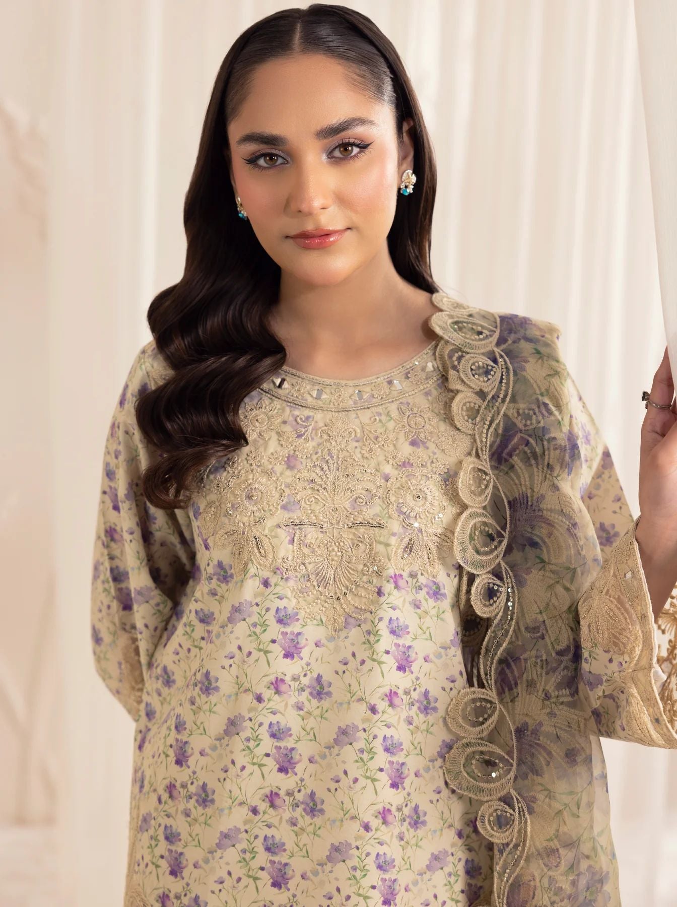 Muse06 – Golden Lilac | 3pc Silk Lawn Embroidered Summer Suit with Printed Dupatta by Mohagni
