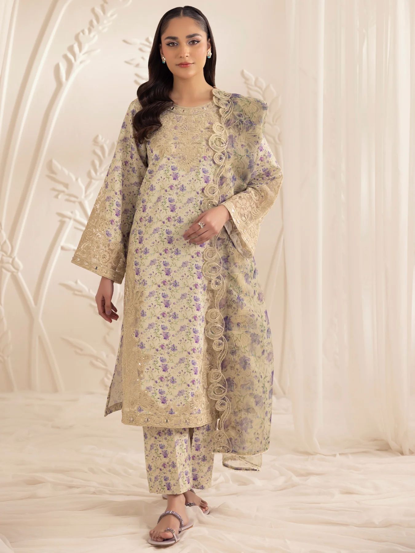 Muse06 – Golden Lilac | 3pc Silk Lawn Embroidered Summer Suit with Printed Dupatta by Mohagni