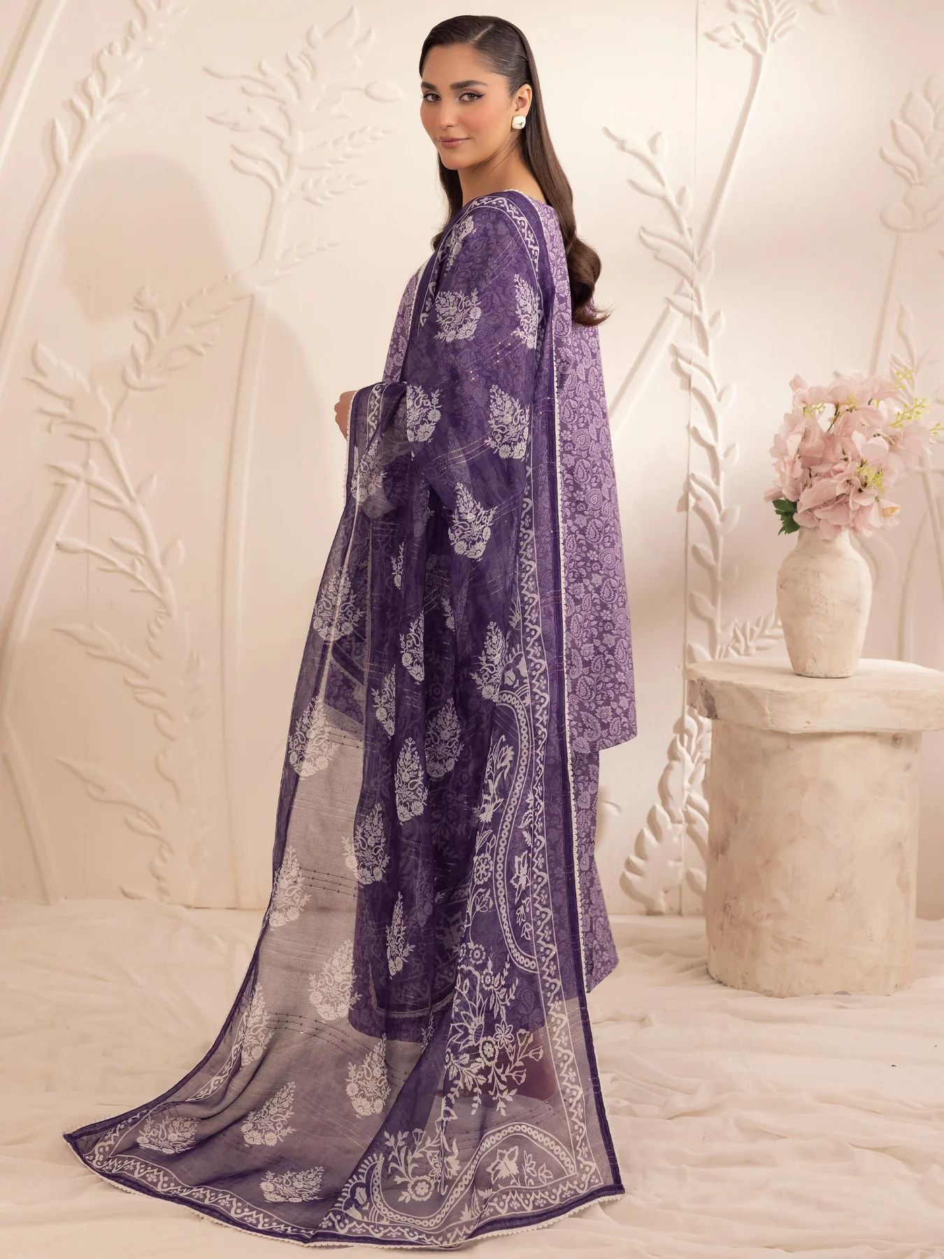 Muse07 – Purple Grace | 3pc Printed Silk Lawn Suit with Zari Monar Dupatta by Mohagni