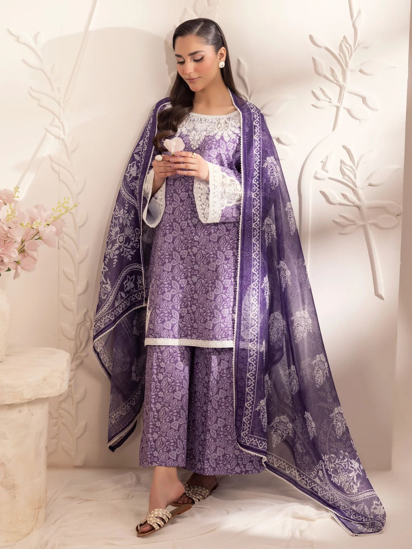 Muse07 – Purple Grace | 3pc Printed Silk Lawn Suit with Zari Monar Dupatta by Mohagni