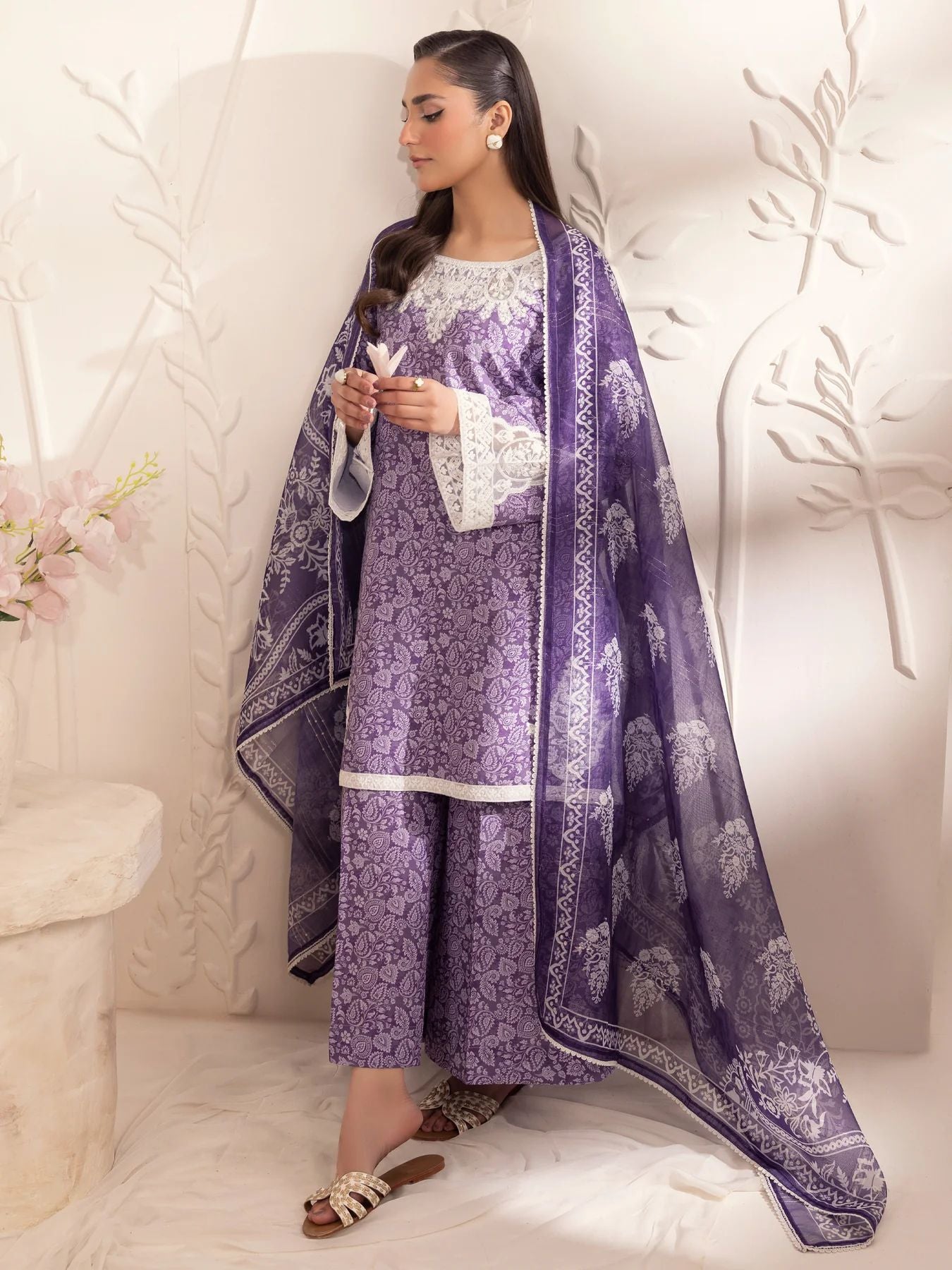 Muse07 – Purple Grace | 3pc Printed Silk Lawn Suit with Zari Monar Dupatta by Mohagni