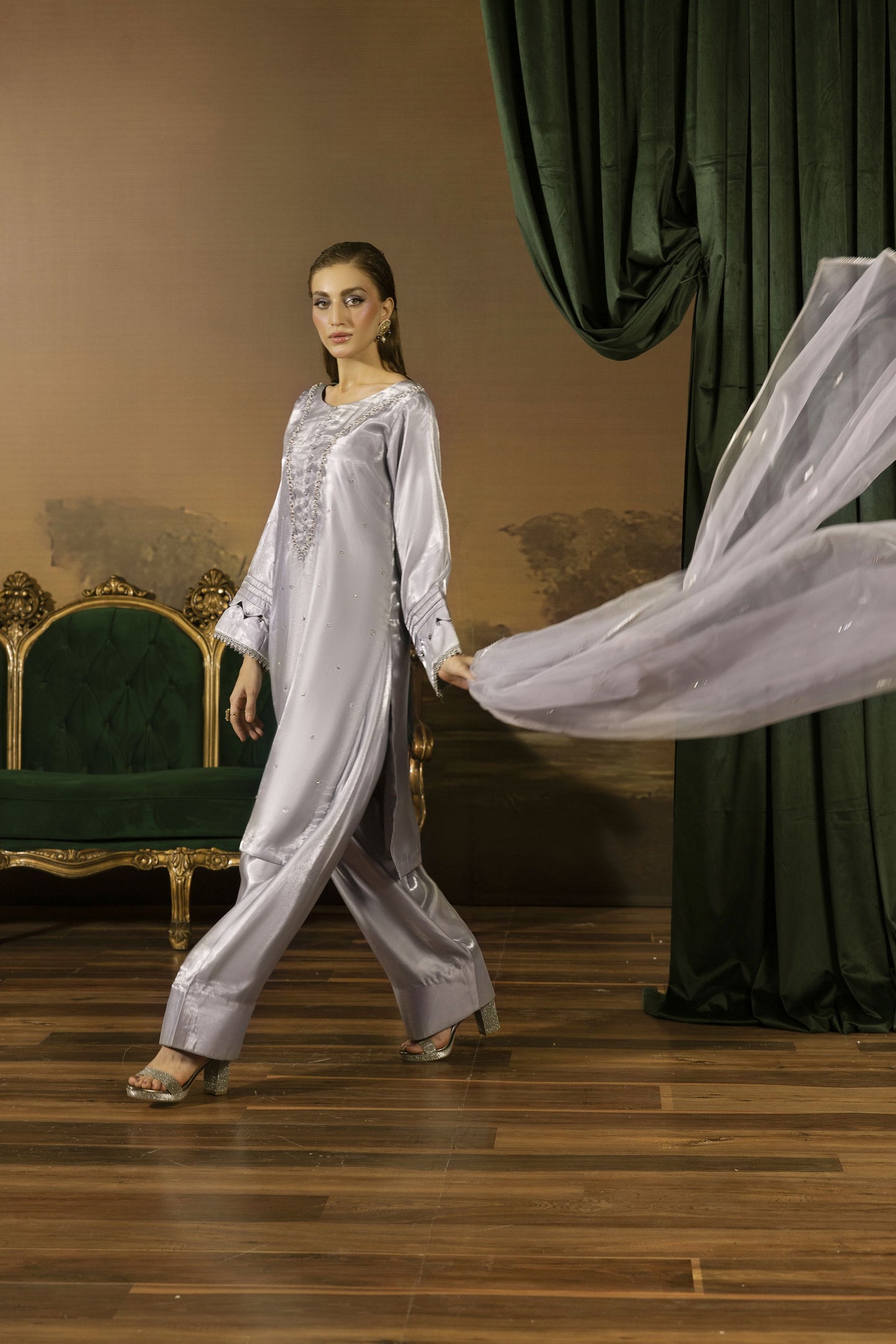 Silver Grey Embellished Silk Farshi Shalwar Suit - Farshi Bahaar by Mona FBM4