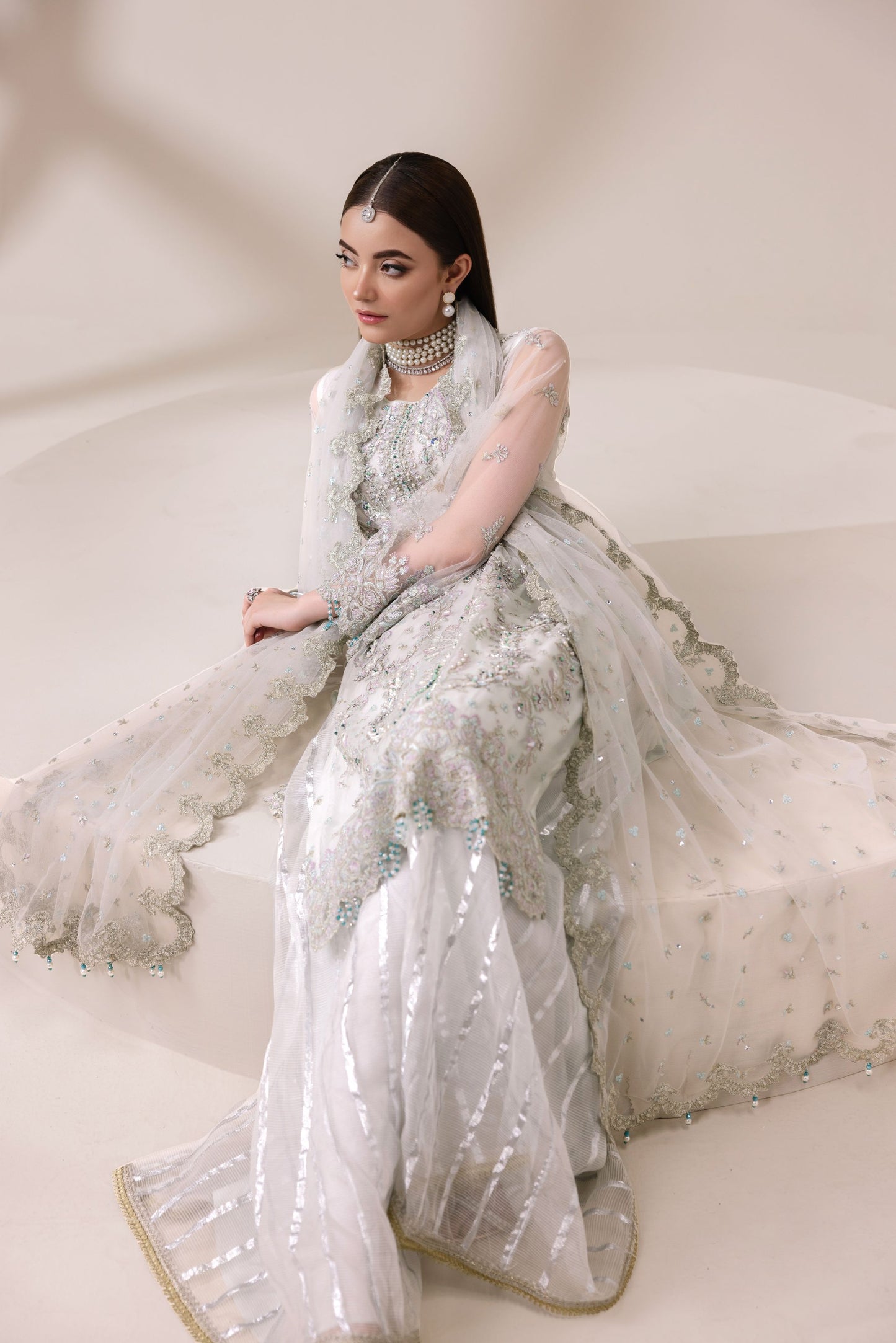 Ivory Embellished Net Shirt with Shararah & Dupatta | Rasm by Mona – MKR2