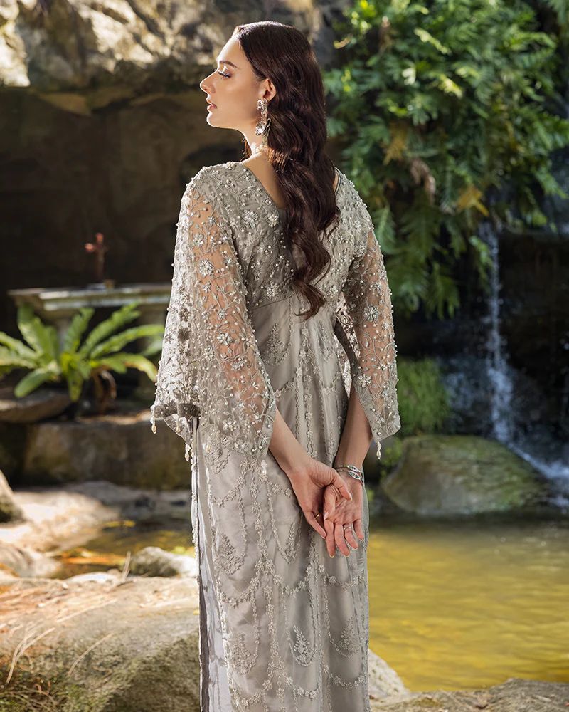 Starstruck by Ain – Silver Net Embroidered 3pc Dress with Shimmer Inner SBA7