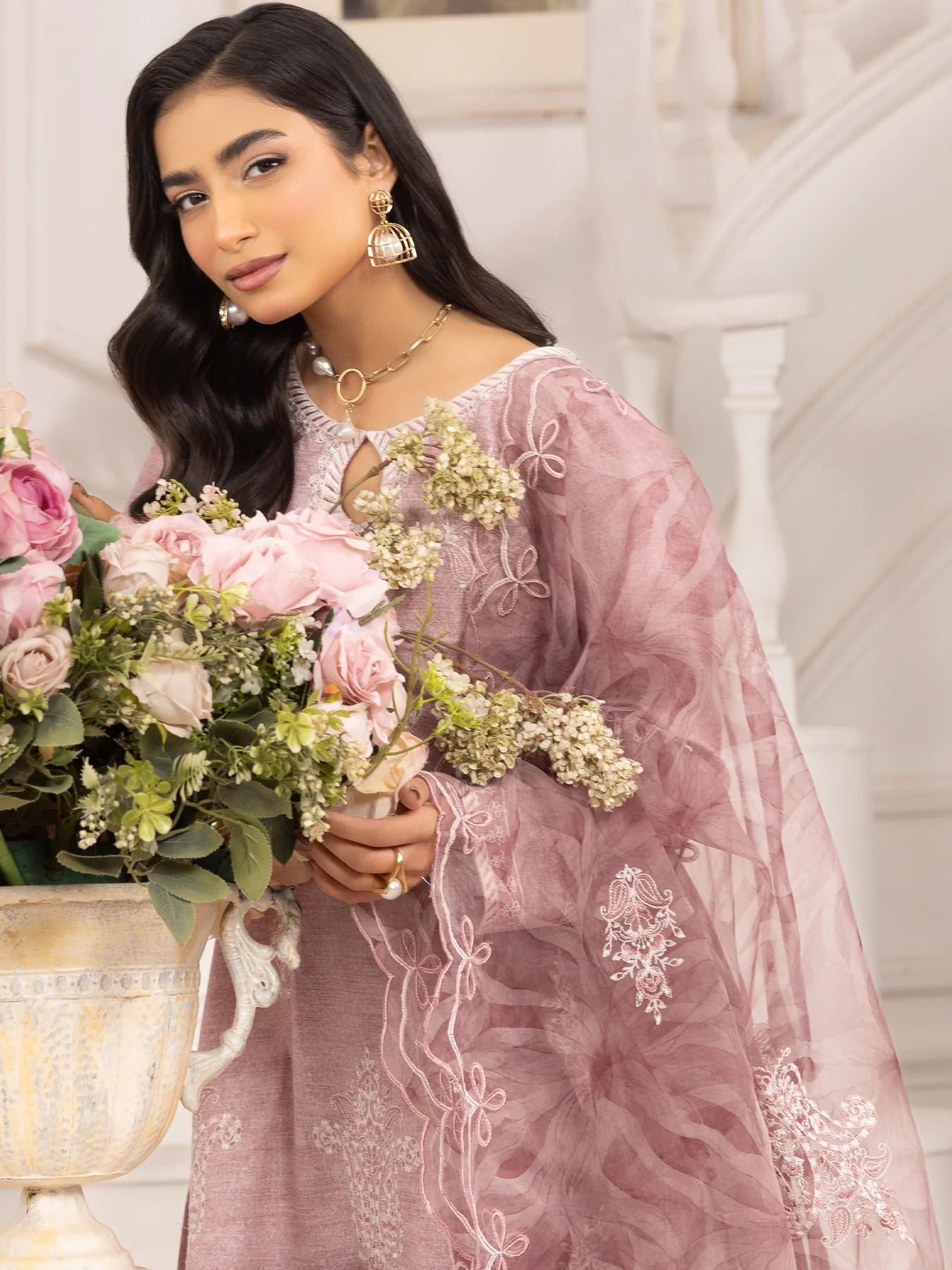 Muse09 – Rosewood Charm | 3pc Embroidered Silk Lawn Suit with Organza Dupatta by Mohagni
