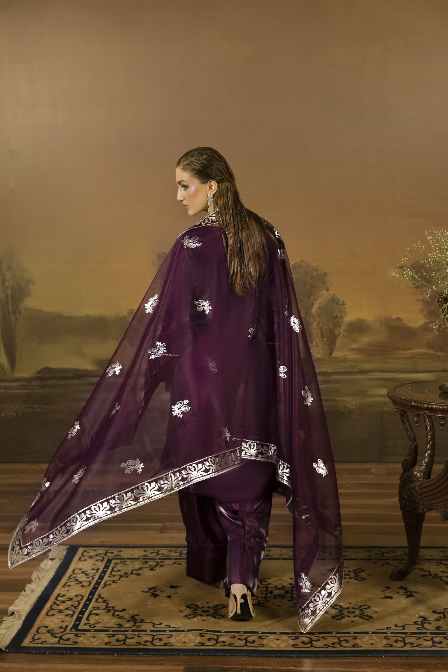 Deep Plum Embellished Silk Farshi Shalwar Set - Farshi Bahaar by Mona FBM3